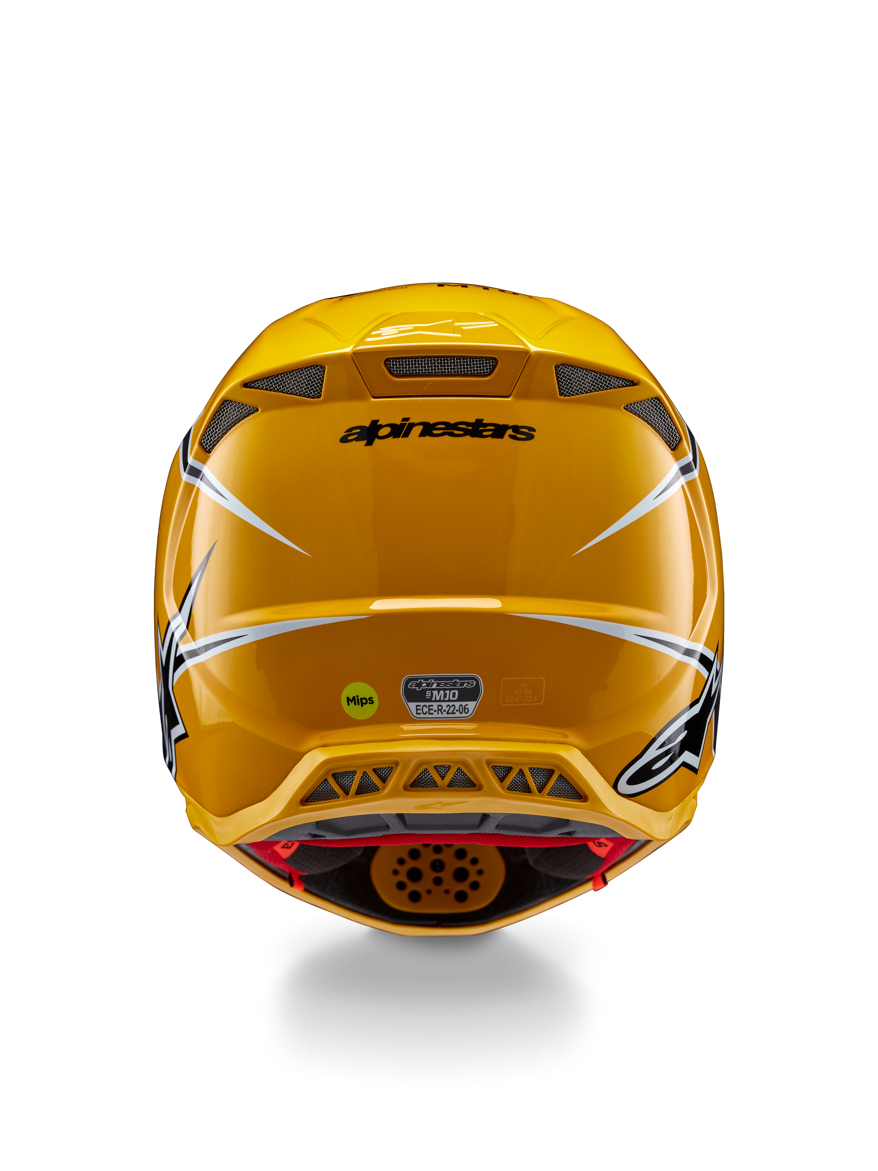 Alpinestars Supertech M10 Ampress Helm, Rückansicht, Glänzendes Gelb mit schwarzen und weißen Akzenten, hintere Belüftungsöffnungen, MIPS- und ECE 22.06-Aufkleber, professioneller Motocross-Kopfschutz