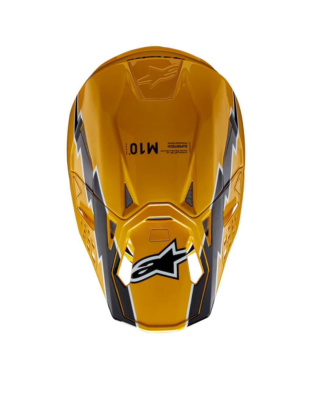 Alpinestars Supertech M10 Ampress Helm, Motocross-Helm, Schwarz Gelb Glänzend, Draufsicht mit glänzend gelbem Finish und schwarz-weißen Grafiken, Alpinestars-Logo auf dem Visier, aerodynamische Schale mit Belüftungsöffnungen.