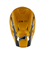 Alpinestars Supertech M10 Ampress Helm, Motocross-Helm, Schwarz Gelb Glänzend, Draufsicht mit glänzend gelbem Finish und schwarz-weißen Grafiken, Alpinestars-Logo auf dem Visier, aerodynamische Schale mit Belüftungsöffnungen.