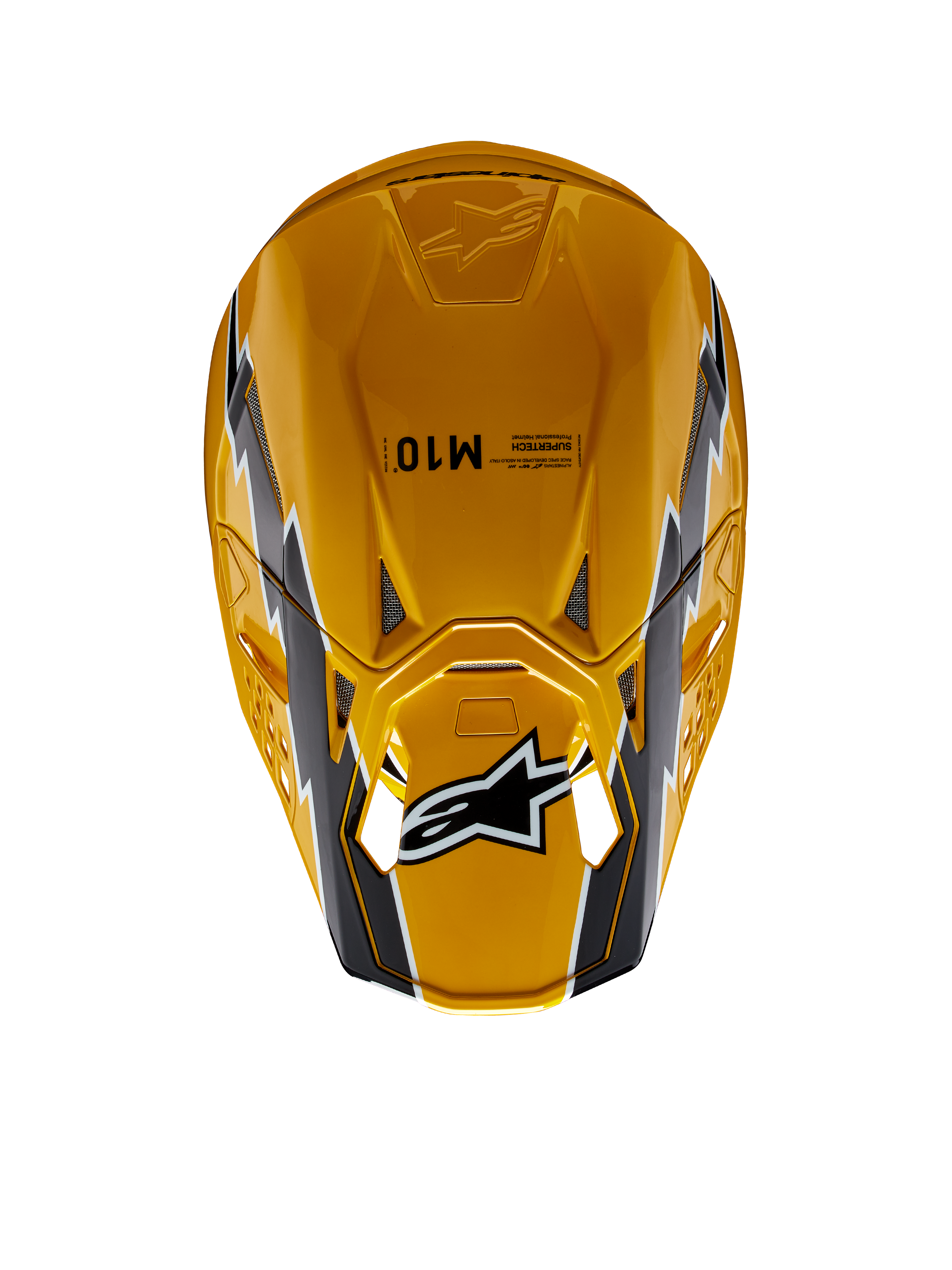 Alpinestars Supertech M10 Ampress Helm, Motocross-Helm, Schwarz Gelb Glänzend, Draufsicht mit glänzend gelbem Finish und schwarz-weißen Grafiken, Alpinestars-Logo auf dem Visier, aerodynamische Schale mit Belüftungsöffnungen.