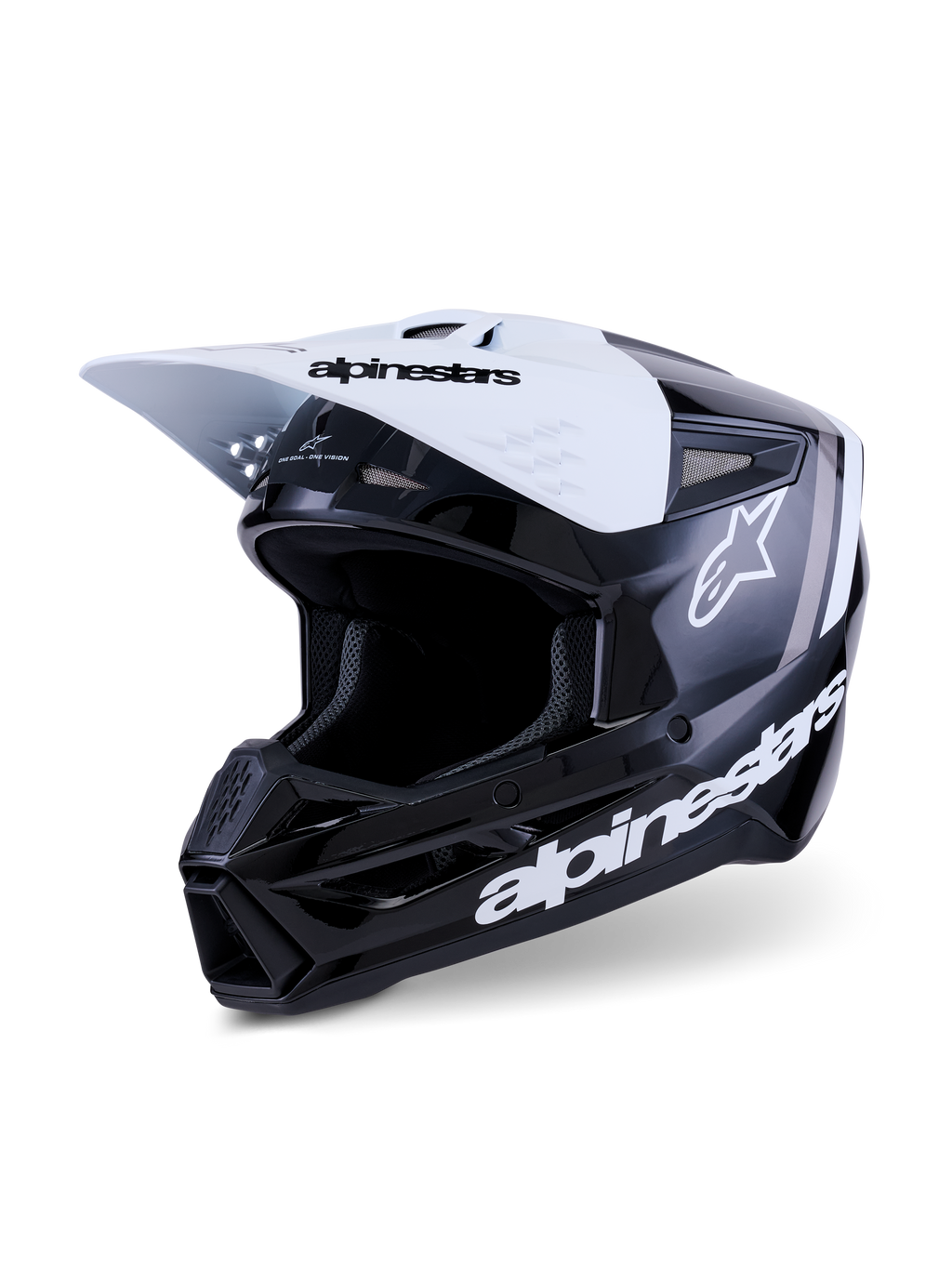 Alpinestars S-M3 Radium Helm, Motocross-Helm, Schwarz, Weiß und Grau glänzend, weißes Visier mit schwarzem Branding, glänzend schwarze Schale mit markanten weißen Alpinestars-Logos und grauen Grafikakzenten, aerodynamisches Design für Offroad-Rennen