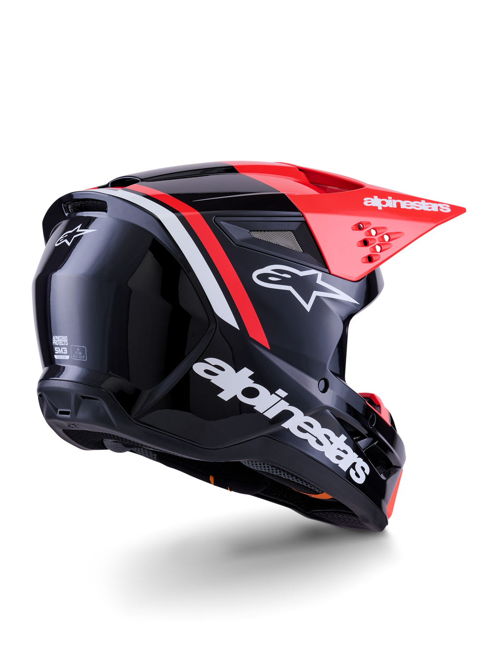 Alpinestars S-M3 Radium Helmet, Motocross Helmet, Black Red Fluo and White Glossy, rear three-quarter view showing sleek aerodynamic design, white branding and bright red visor, high-performance off-road protective headwear