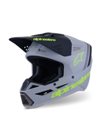 Alpinestars S-M3 Radium Helmet, Motocross and Enduro Helmet, Gray Black and Neon Yellow Fluo Matte, three-quarter view showing aggressive shell design, ventilated intake ports, and bold yellow logos