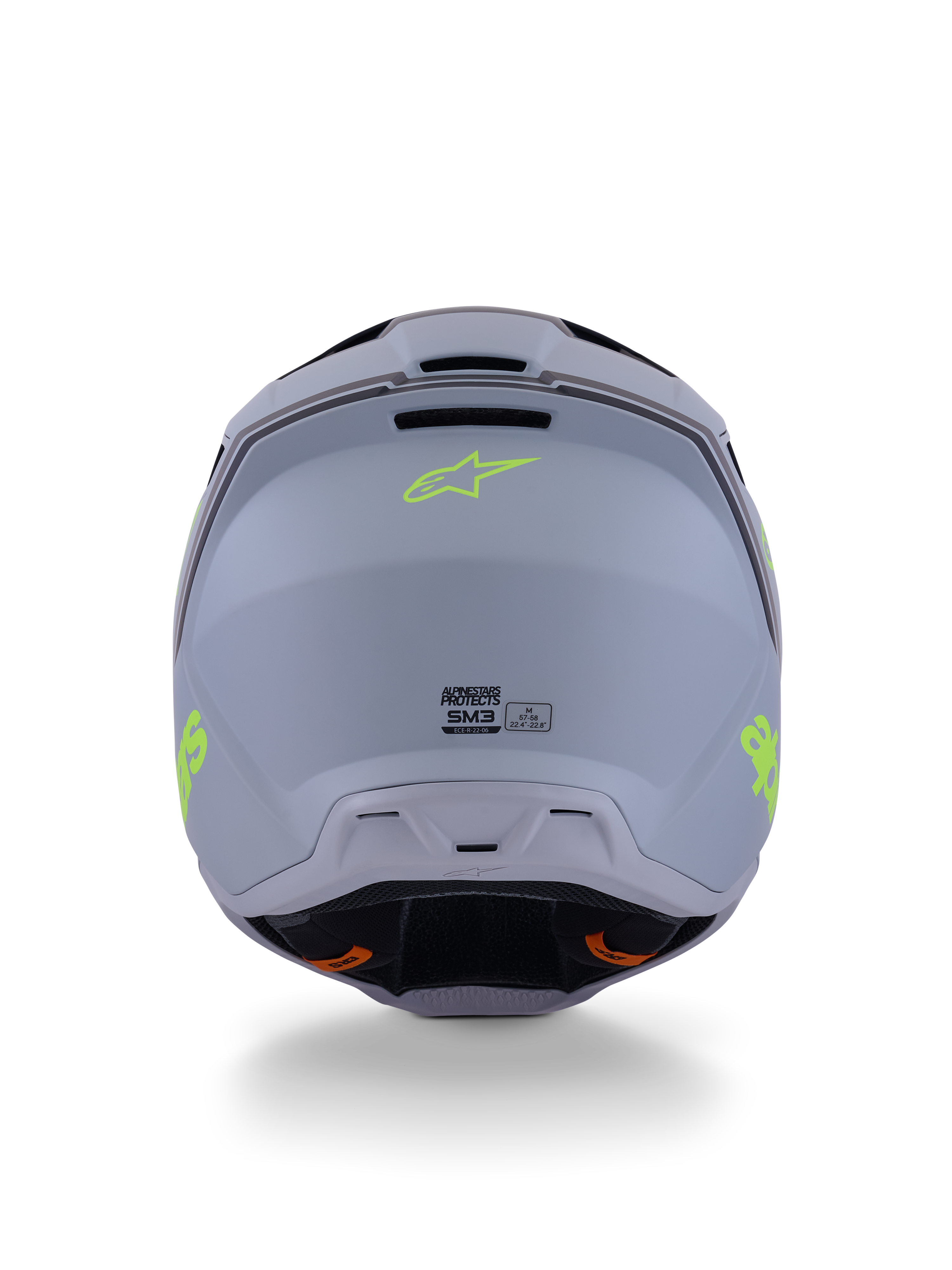 Alpinestars S-M3 Radium Helmet, Motocross Helmet, Green Black and Yellow Fluo Matte, rear view showing matte shell finish, neon yellow Alpinestars logo, and ECE 22.06 certification details.
