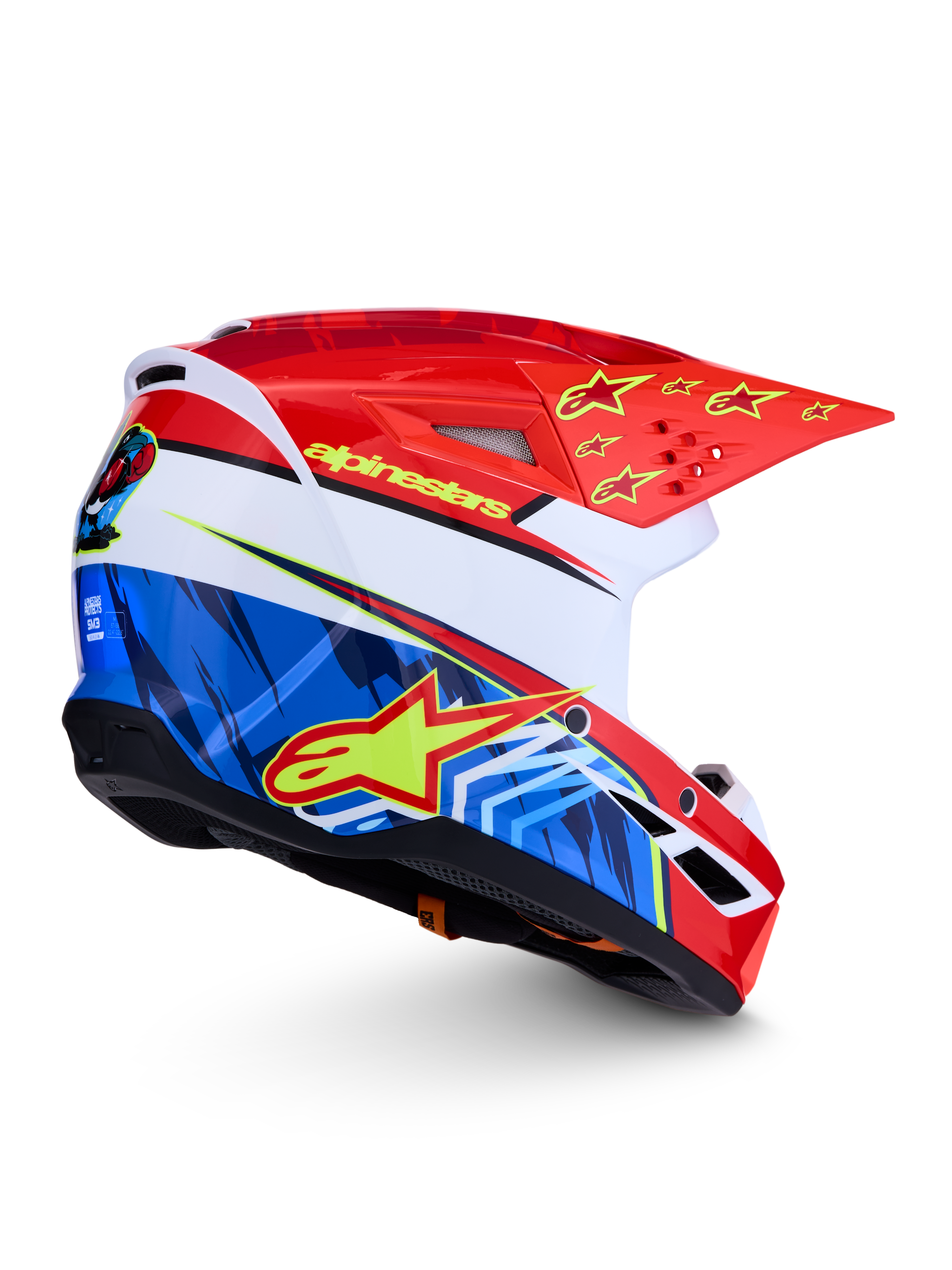Alpinestars SM3 Falcon Helm ECE06, Motocross-Helm in Rot und Blau mit gelben Sternen, ECE 2206-zertifiziert für Offroad.