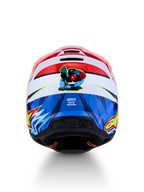 Alpinestars SM3 Falcon Helm, Rot und Blau, Motocrosshelm mit Cartoon-Falken-Grafik auf der Rückseite, ECE 22-06 zertifiziert.