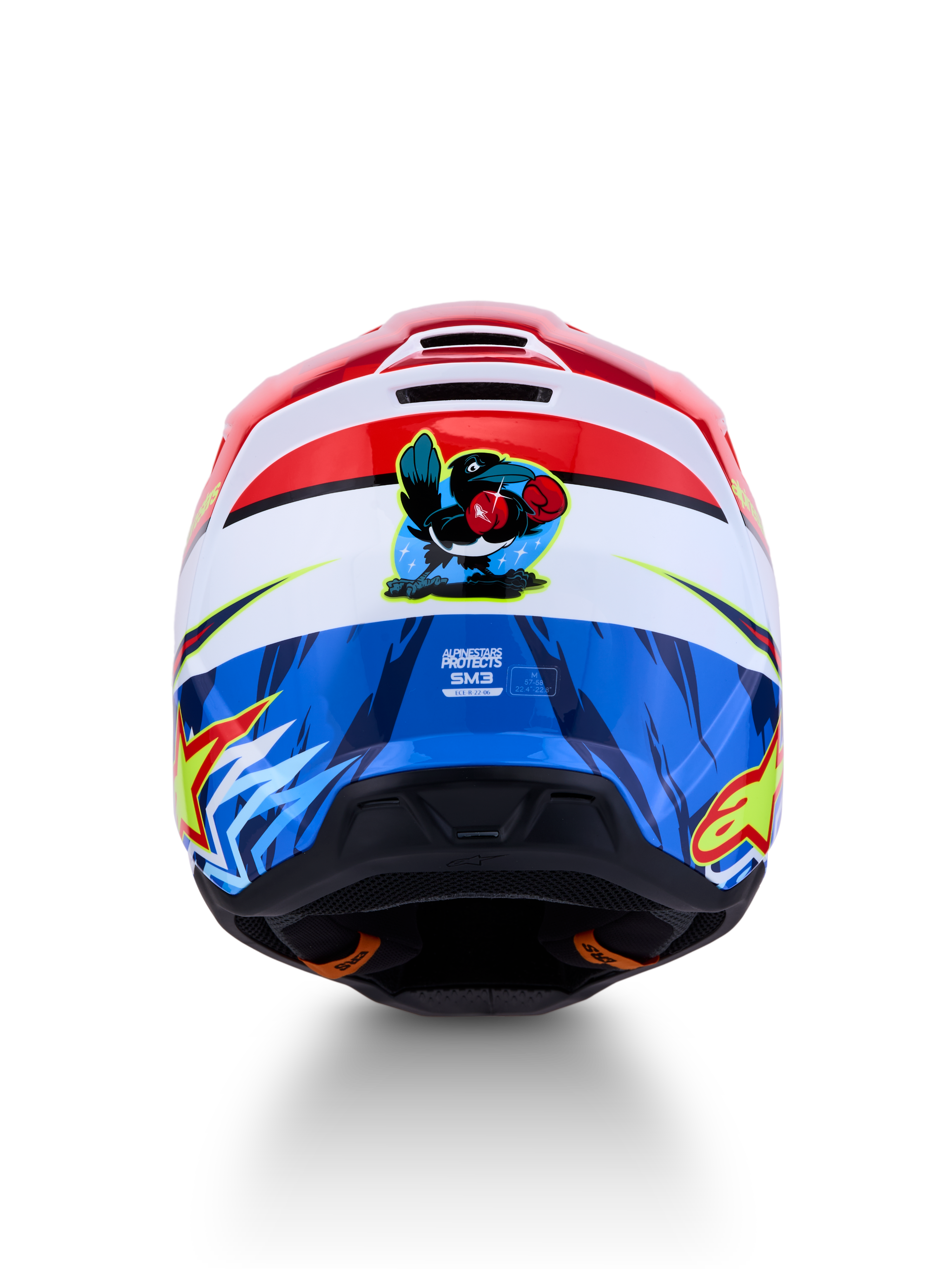 Alpinestars SM3 Falcon Helm, Rot und Blau, Motocrosshelm mit Cartoon-Falken-Grafik auf der Rückseite, ECE 22-06 zertifiziert.