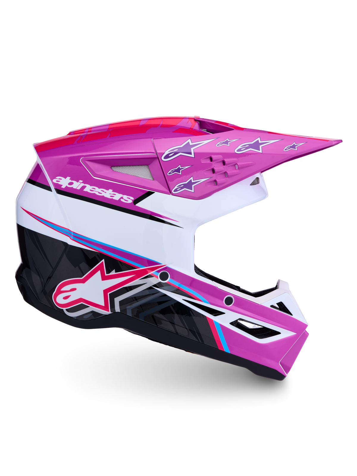 Alpinestars SM3 Falcon Helmet ECE06, purple and white motocross helmet with pink fluo accents and ECE certification.