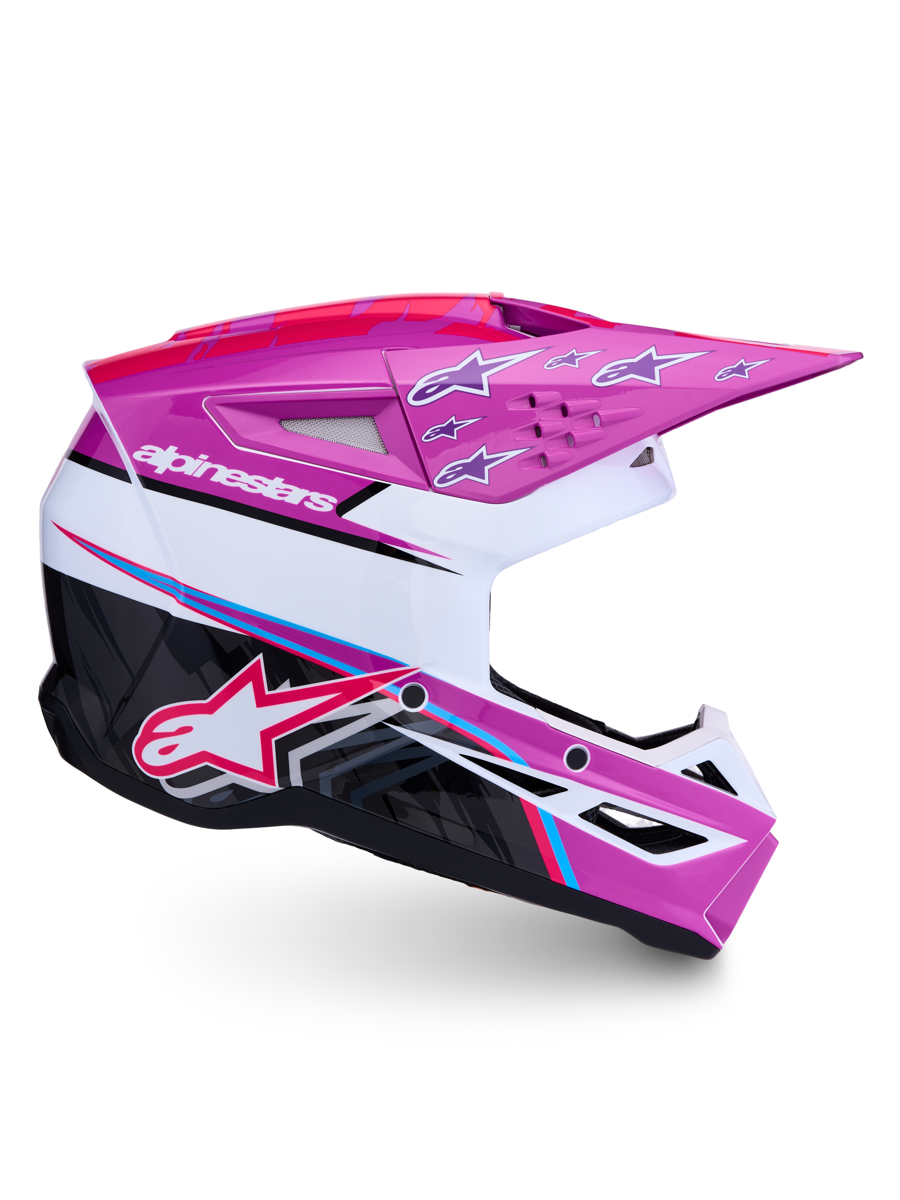 Alpinestars SM3 Falcon Helm ECE06, professioneller Motocrosshelm für Offroad-Sport, Lila und Weiß mit auffälligen neonrosa Akzenten, ECE-zertifiziert, seitliche Profilansicht