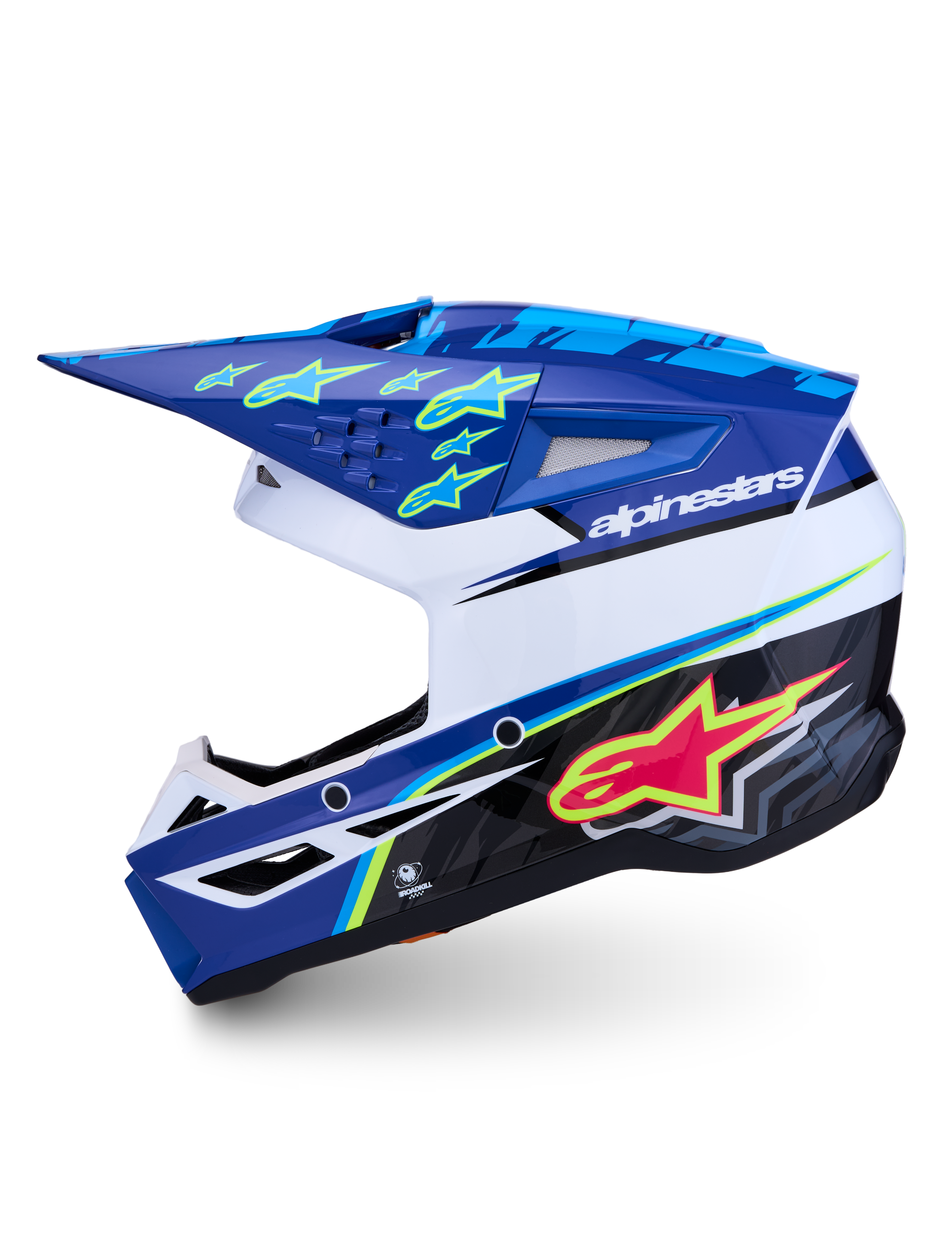 Alpinestars SM3 Falcon Helmet ECE06, glossy blue and white motocross helmet with pink and fluo yellow graphics.