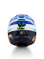 Alpinestars SM3 Falcon Helmet ECE06, Blue and White Motocross Helmet, rear view with boxing bird graphic and ECE certification.