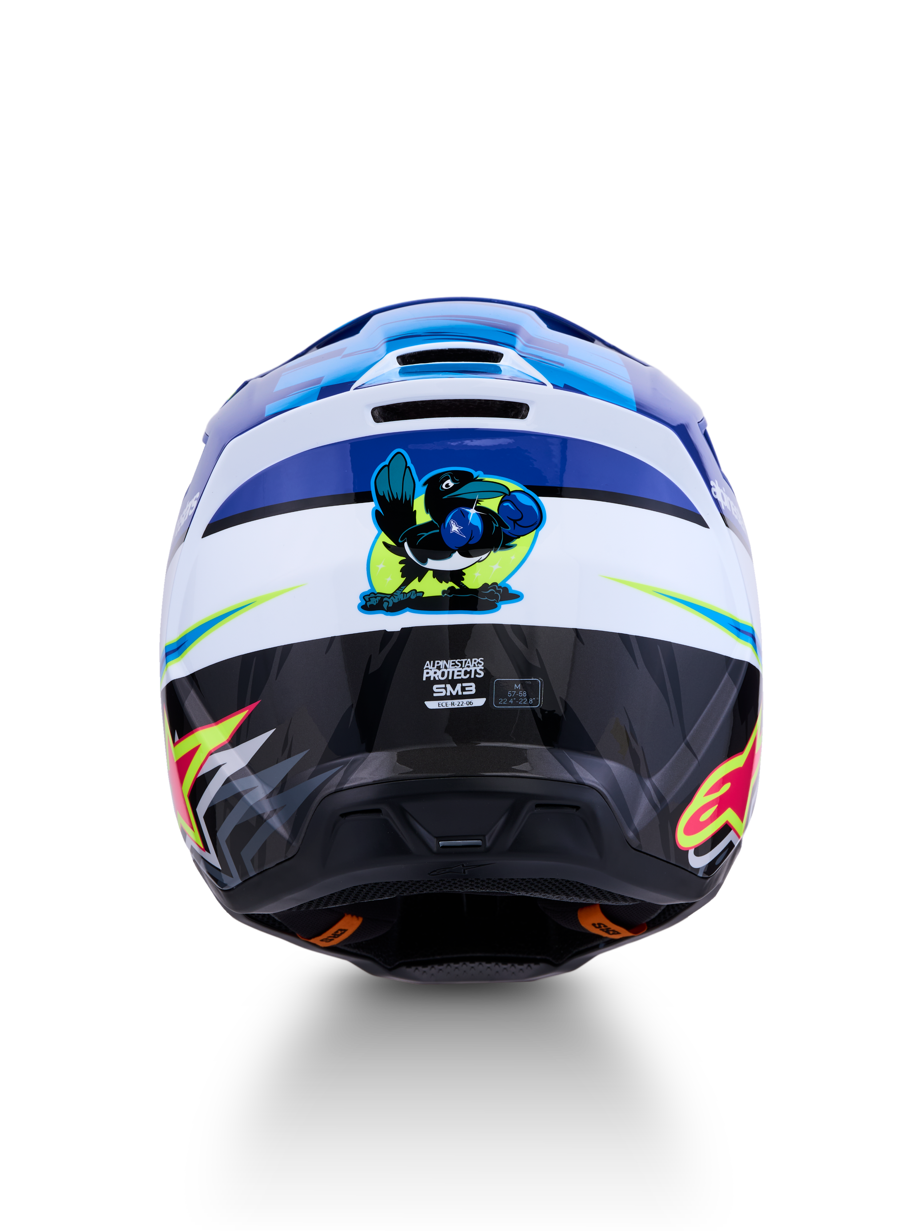 Alpinestars SM3 Falcon Helmet ECE06, Blue and White Motocross Helmet, rear view with boxing bird graphic and ECE certification.