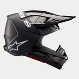 Alpinestars Supertech M10 Flood Helmet ECE, Motocross Helmet, Black and Dark Gray with Matte and Glossy finish, side profile view featuring aerodynamic design, integrated visor, and white Alpinestars branding