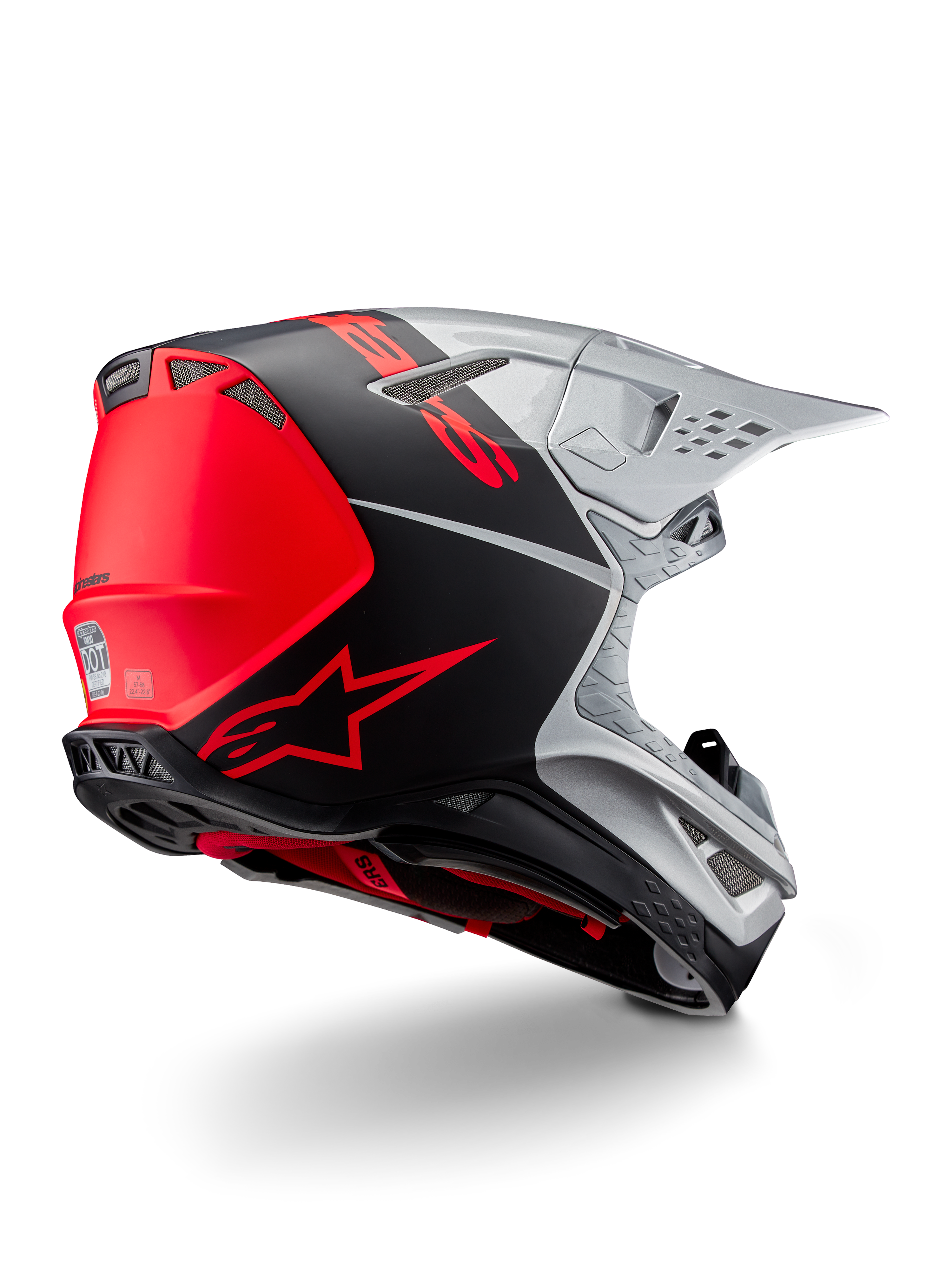 Alpinestars Supertech M10 Flood ECE 22.06 Helm, Motocross-Helm, Silber, Schwarz und Fluo-Orange, Rück-Seitenansicht zur Hervorhebung des aerodynamischen Schalendesigns, der Belüftungsöffnungen und des matt-glänzenden Finishs