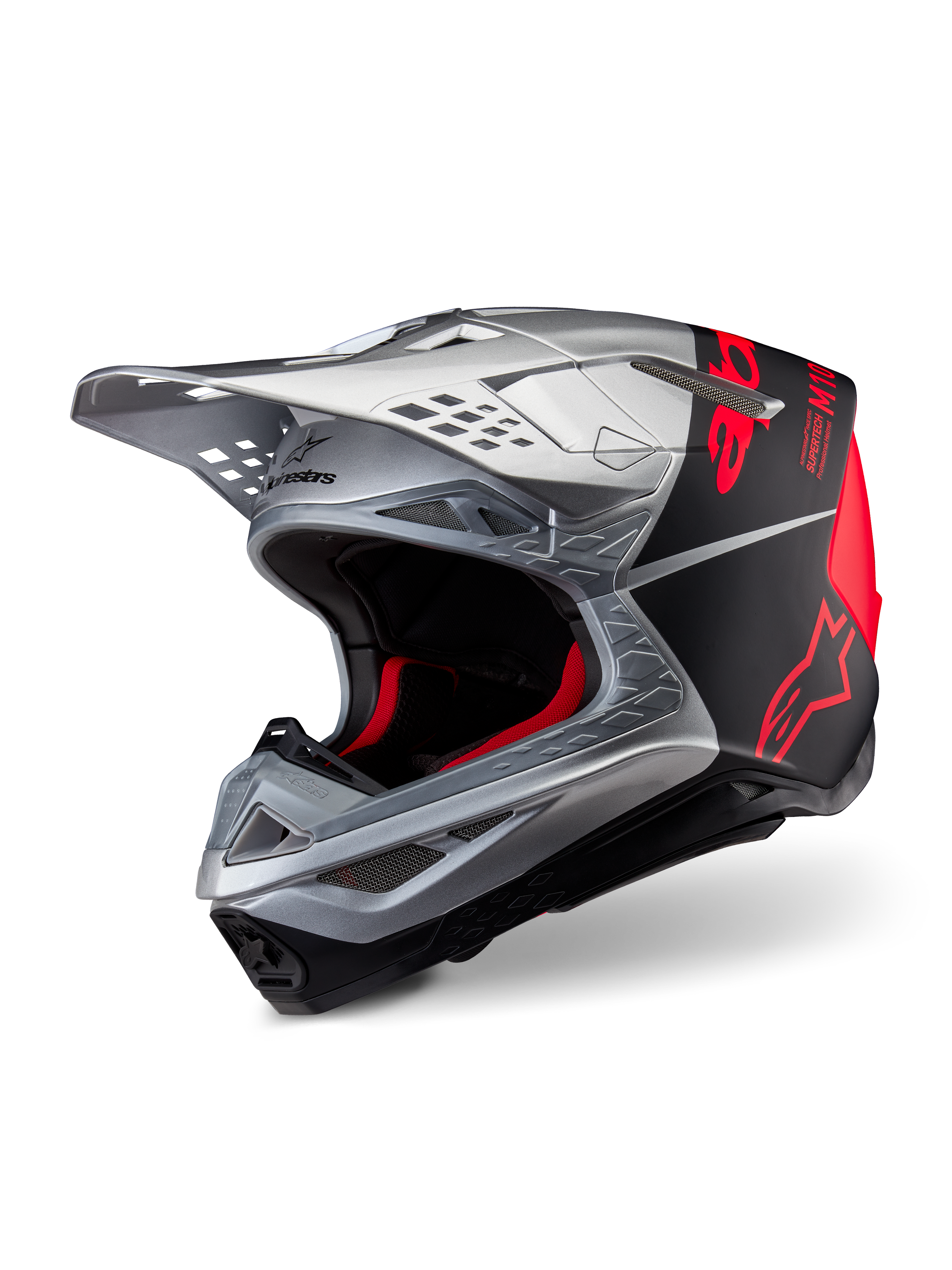 Alpinestars Supertech M10 Flood ECE 22.06 Helm, Motocross-Helm, Silber, Schwarz und Fluo-Orange, mattes und glänzendes Finish, mit einer eleganten Carbon-Schale, markantem Alpinestars-Branding und mehreren Belüftungsöffnungen