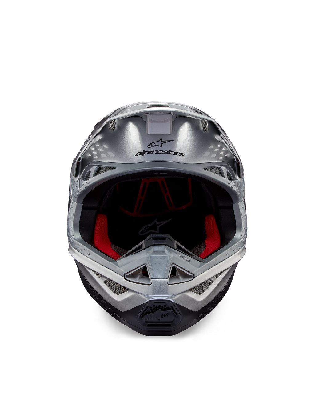 Alpinestars Supertech M10 Flood ECE 22.06 Helm, Motocross-Helm, Silber, Schwarz und Orange Fluo, Frontansicht mit aerodynamischer Schale, breiter Sichtöffnung mit roter Innenpolsterung, schwarzem Alpinestars-Logo und belüftetem Kinnbügel für den Offroad-Rennsport