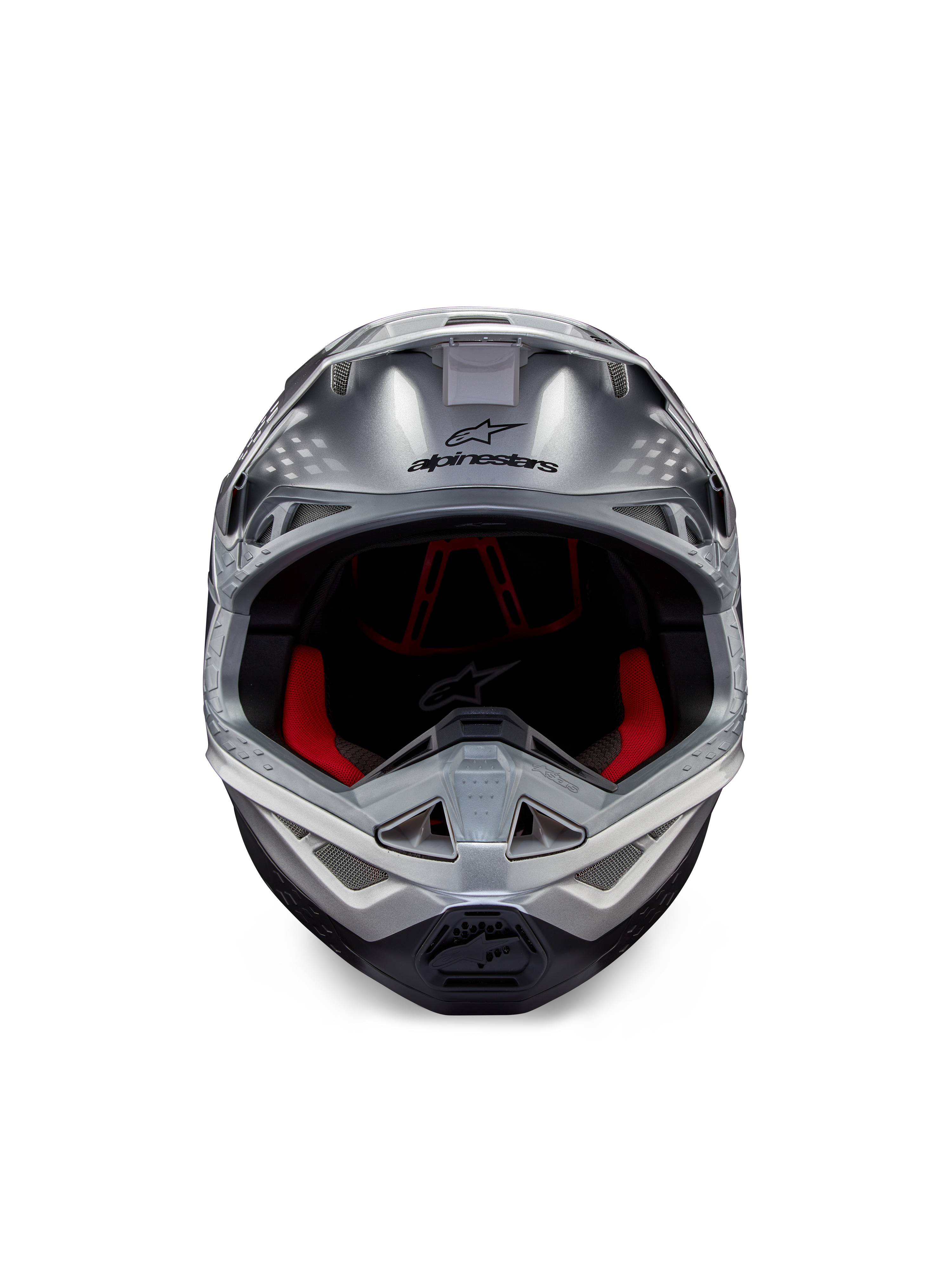 Alpinestars Supertech M10 Flood ECE 22.06 Helm, Motocross-Helm, Silber, Schwarz und Orange Fluo, Frontansicht mit aerodynamischer Schale, breiter Sichtöffnung mit roter Innenpolsterung, schwarzem Alpinestars-Logo und belüftetem Kinnbügel für den Offroad-Rennsport