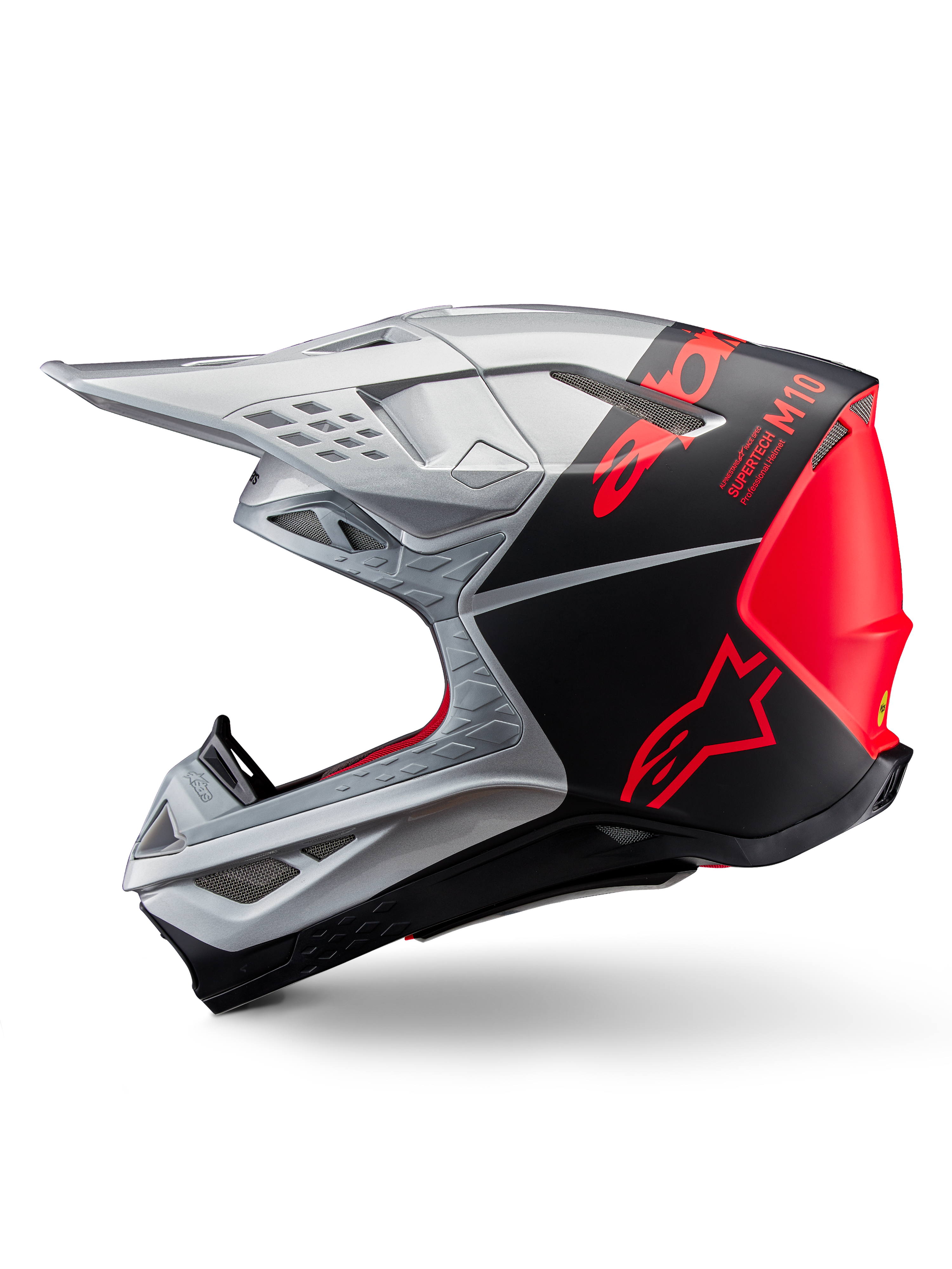 Alpinestars Supertech M10 Flood Helm, Motocross-Helm, Silber und Schwarz mit fluoreszierenden orangefarbenen Akzenten, Seitenprofil, schlankes aerodynamisches Design mit Belüftungsöffnungen, mattes und glänzendes Finish, professioneller Offroad-Rennschutz
