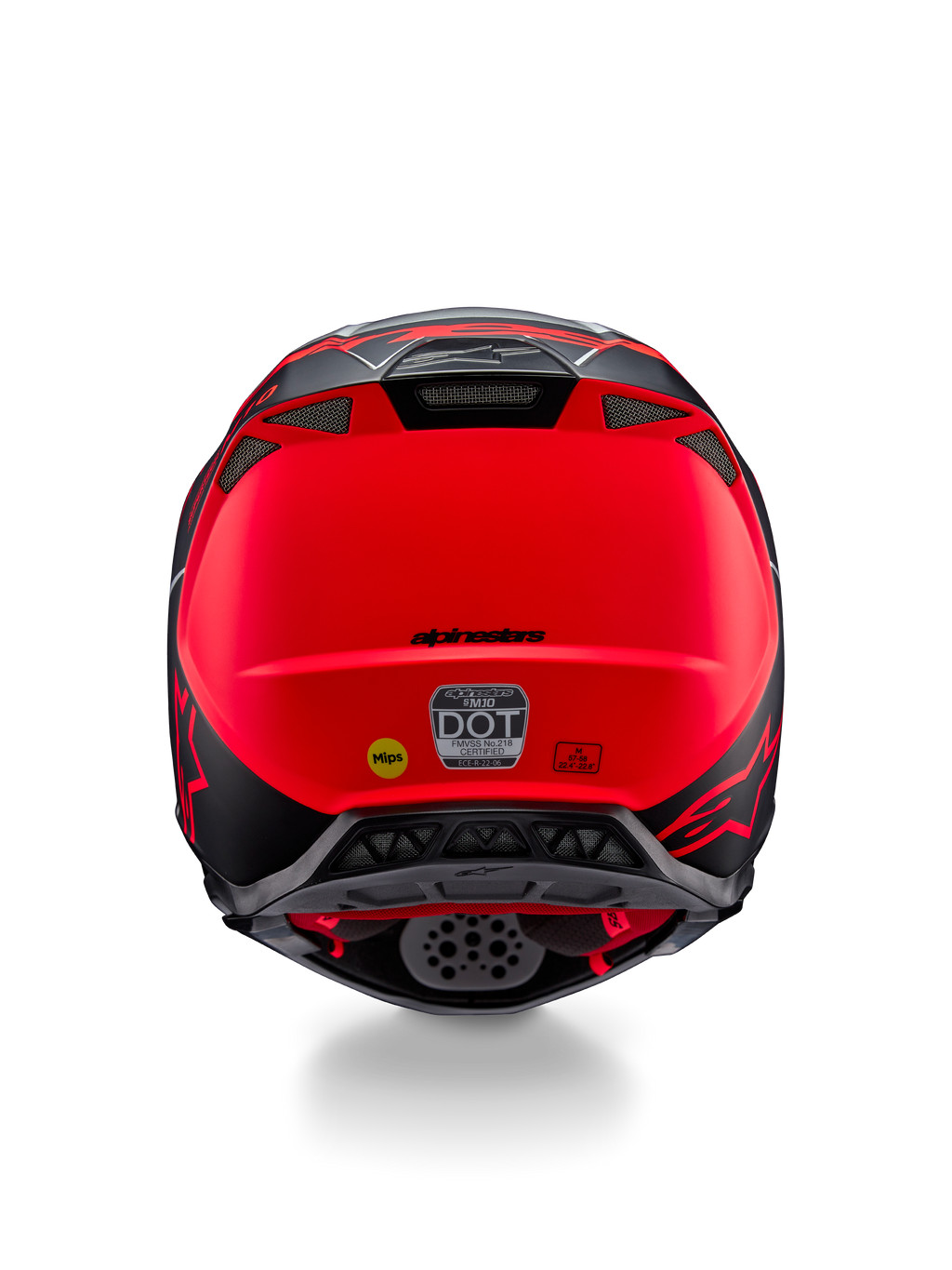 Alpinestars Supertech M10 Flood Helm, Rückansicht, Silber, Schwarz und fluoreszierendes Orange Matt, mit integrierten Abluftöffnungen, DOT- und ECE-Zertifizierungsaufklebern, gelbem Mips-Logo und schlankem aerodynamischem Profil für den Motocross-Rennsport