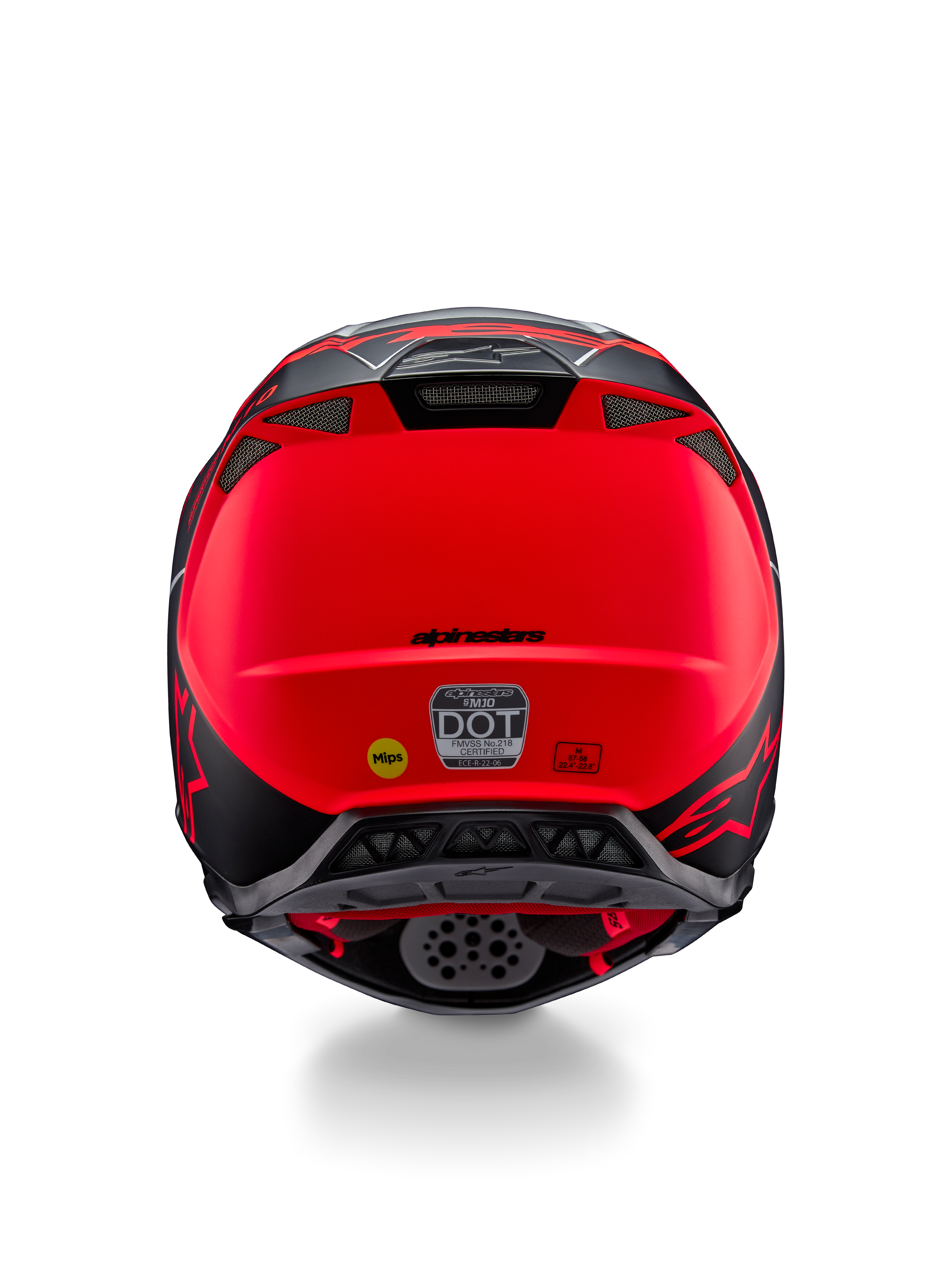 Alpinestars Supertech M10 Flood Helm, Rückansicht, Silber, Schwarz und fluoreszierendes Orange Matt, mit integrierten Abluftöffnungen, DOT- und ECE-Zertifizierungsaufklebern, gelbem Mips-Logo und schlankem aerodynamischem Profil für den Motocross-Rennsport