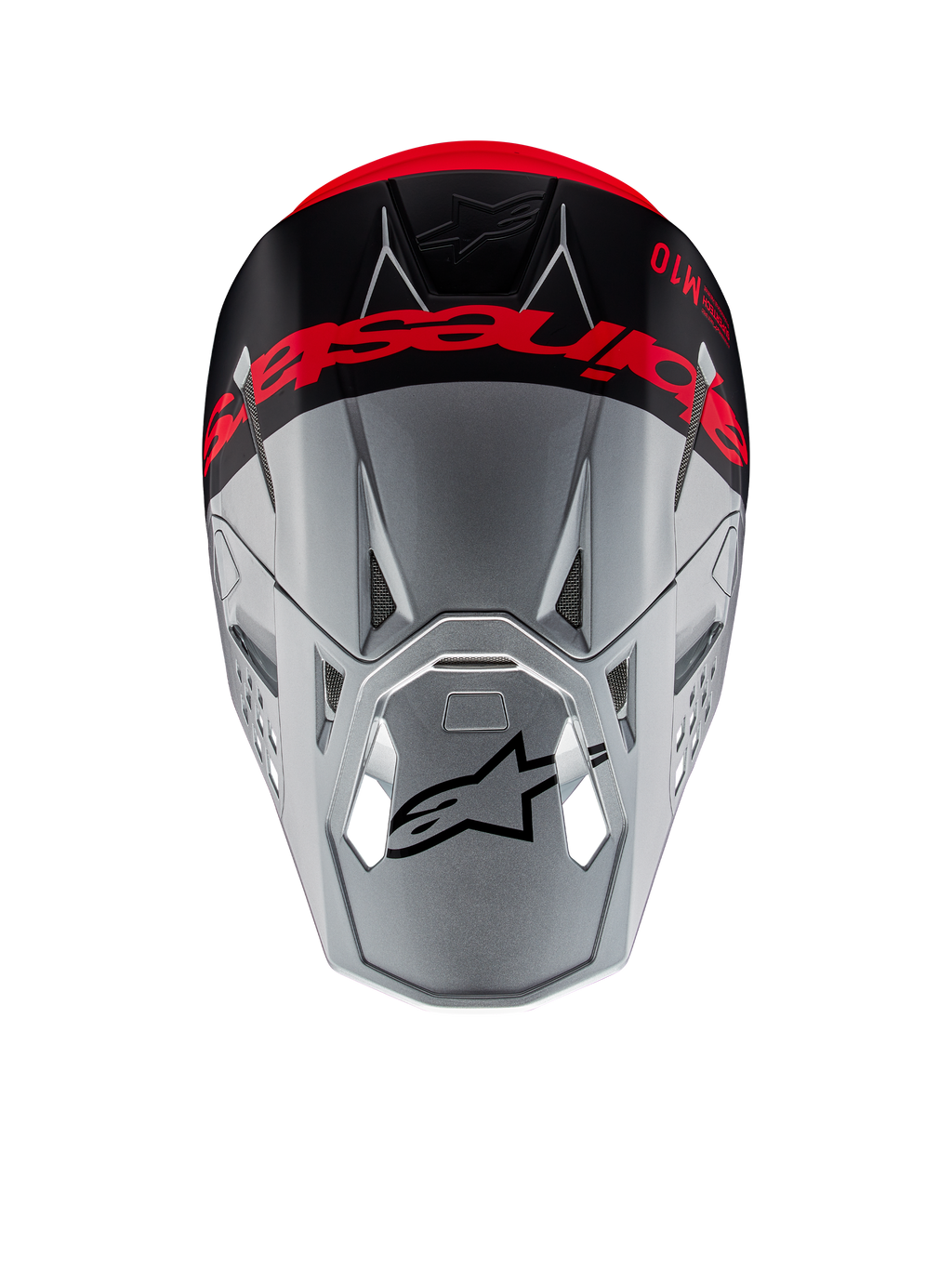 Alpinestars Supertech M10 Flood ECE 22.06 Helm, Motocross-Helm, Silber und Schwarz mit Leuchtorange, Ansicht von oben zeigt markantes Branding auf der Oberseite, schwarzes Astars-Logo auf dem Visier, stromlinienförmiges aerodynamisches Profil mit Belüftungsöffnungen, matte und glänzende Texturen.