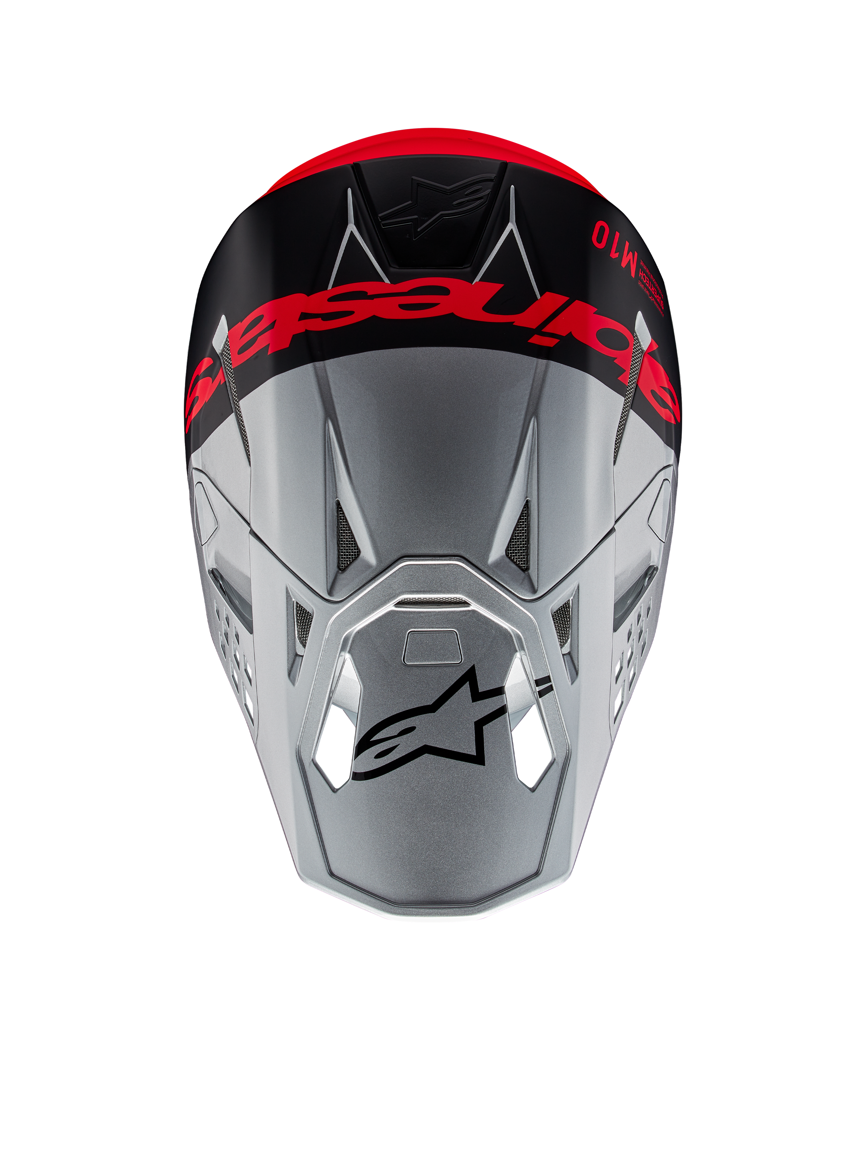 Alpinestars Supertech M10 Flood ECE 22.06 Helm, Motocross-Helm, Silber und Schwarz mit Leuchtorange, Ansicht von oben zeigt markantes Branding auf der Oberseite, schwarzes Astars-Logo auf dem Visier, stromlinienförmiges aerodynamisches Profil mit Belüftungsöffnungen, matte und glänzende Texturen.