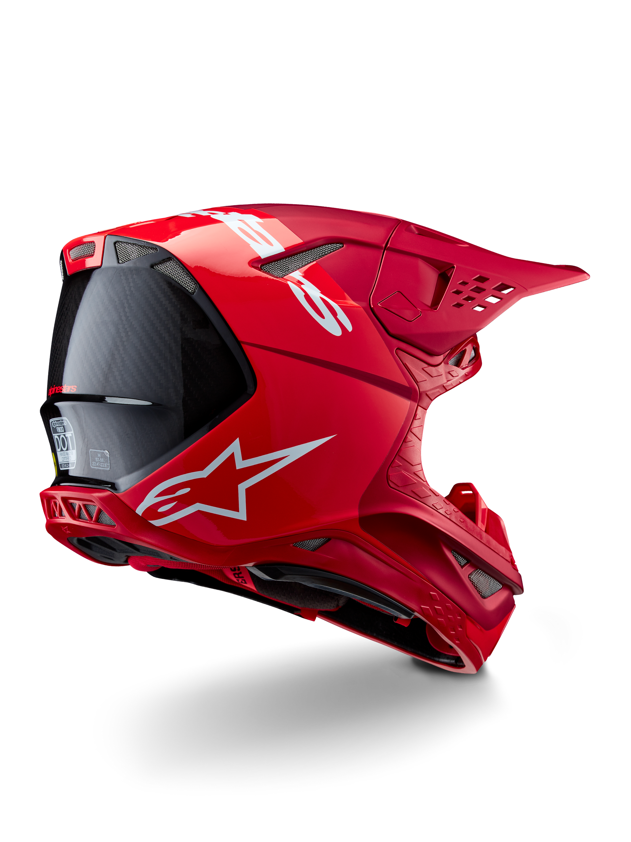 Alpinestars Supertech M10 Flood Helmet, Motocross Helmet, Red and Fluo Red, Matte and Glossy finish, rear profile view featuring white Alpinestars logo and carbon fiber accents, aerodynamic design with multiple ventilation ports, high-performance off-road head protection