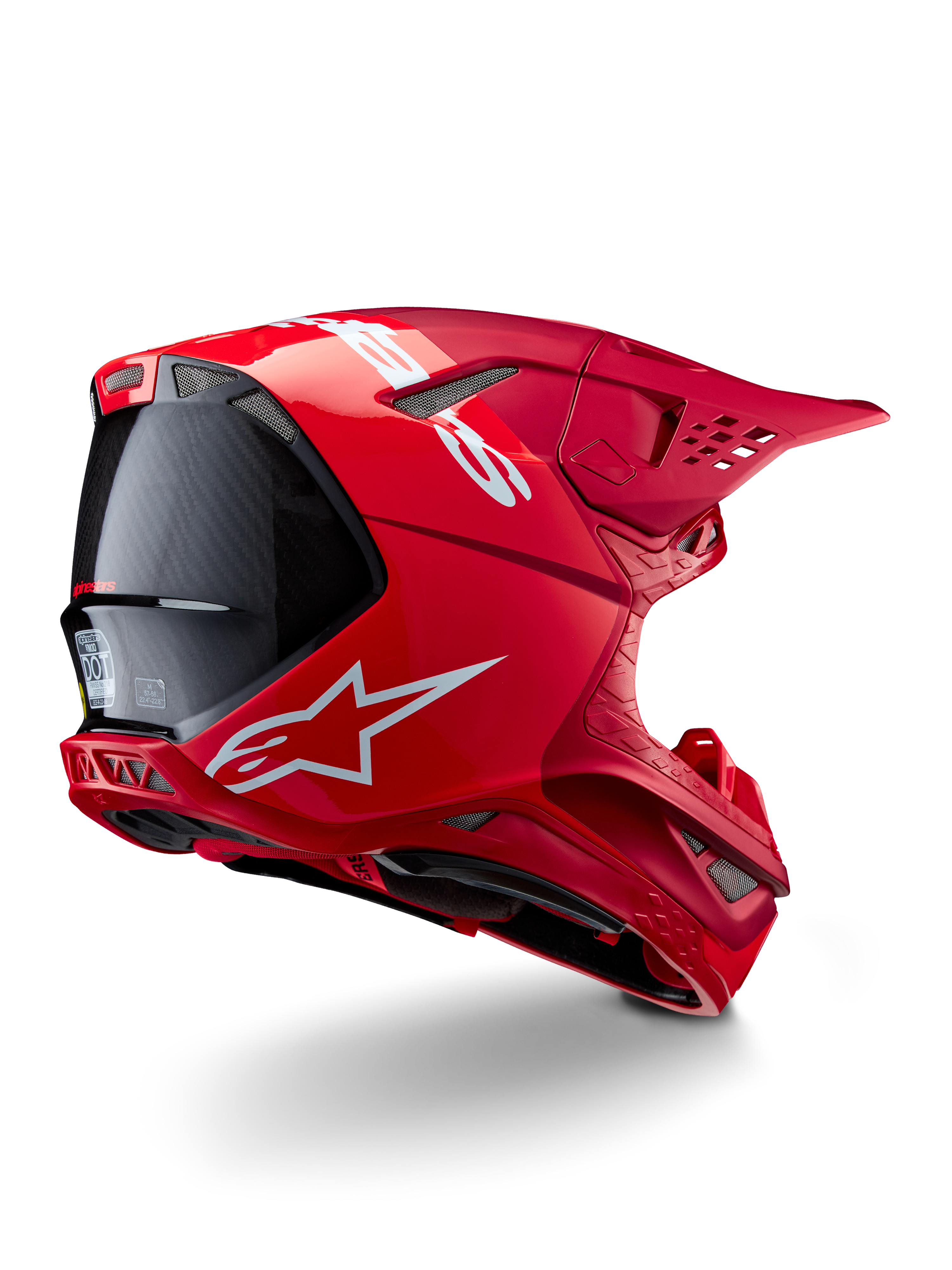 Alpinestars Supertech M10 Flood Helm, Motocross-Helm, Rot und Fluo-Rot, mattes und glänzendes Finish, Rückansicht im Profil mit weißem Alpinestars-Logo und Karbonfaser-Akzenten, aerodynamisches Design mit mehreren Belüftungsöffnungen, leistungsstarker Offroad-Kopfschutz