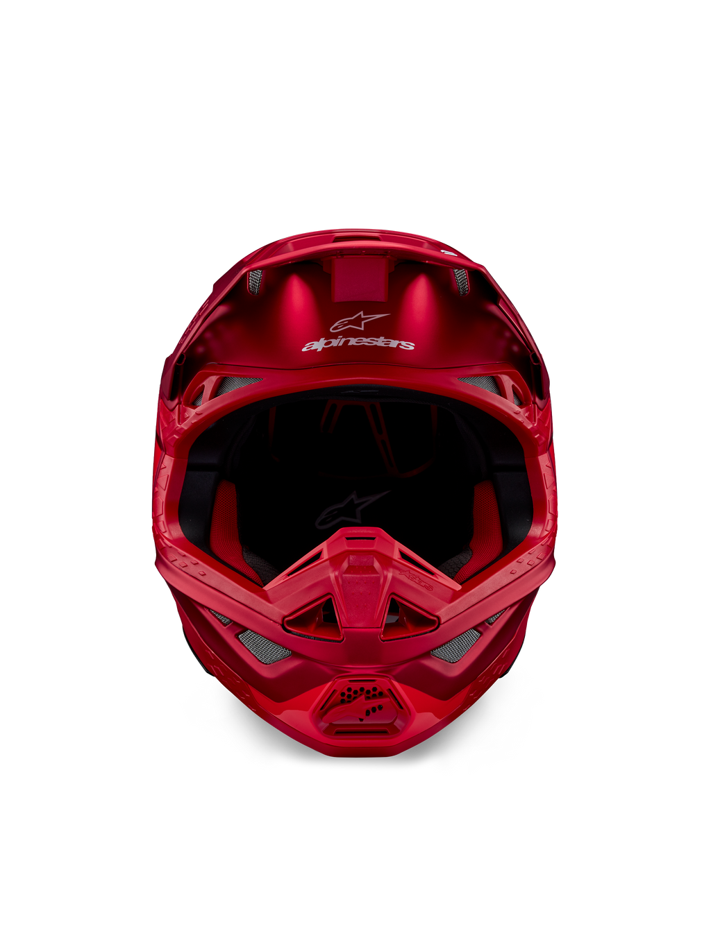 Alpinestars Supertech M10 Flood Helm, Motocross-Helm, Red Fluo und Red Matt/Glänzend, Vorderansicht mit aerodynamischem Profil und mehreren Belüftungsöffnungen, Alpinestars-Logo auf der Stirn und rotes Innenfutter, professionelle Offroad-Rennausrüstung