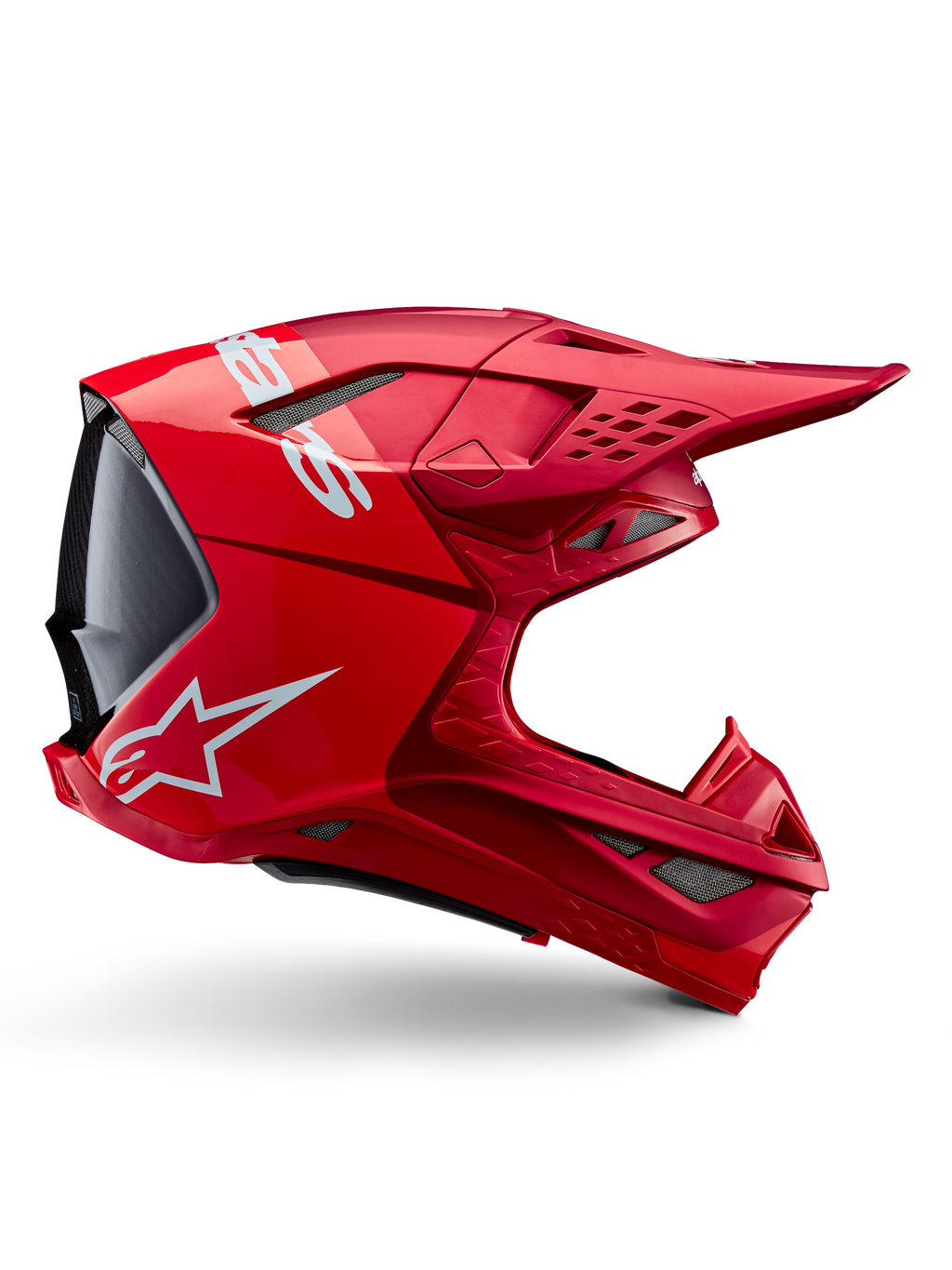 Alpinestars Supertech M10 Flood Helm, Motocross-Helm, Rot Fluo Rot Matt und Glänzend, Seitenprofil mit weißem Branding, mehreren mit Mesh bedeckten Belüftungsöffnungen und aerodynamischem Offroad-Renndesign