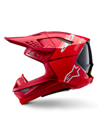 Alpinestars Supertech M10 Flood ECE 22.06 Helm, Motocross-Helm, Rot und Fluo-Rot mit mattem und glänzendem Finish, Seitenprofil-Ansicht mit aerodynamischem Schalendesign, mehreren Belüftungsöffnungen und weißem Alpinestars-Branding.
