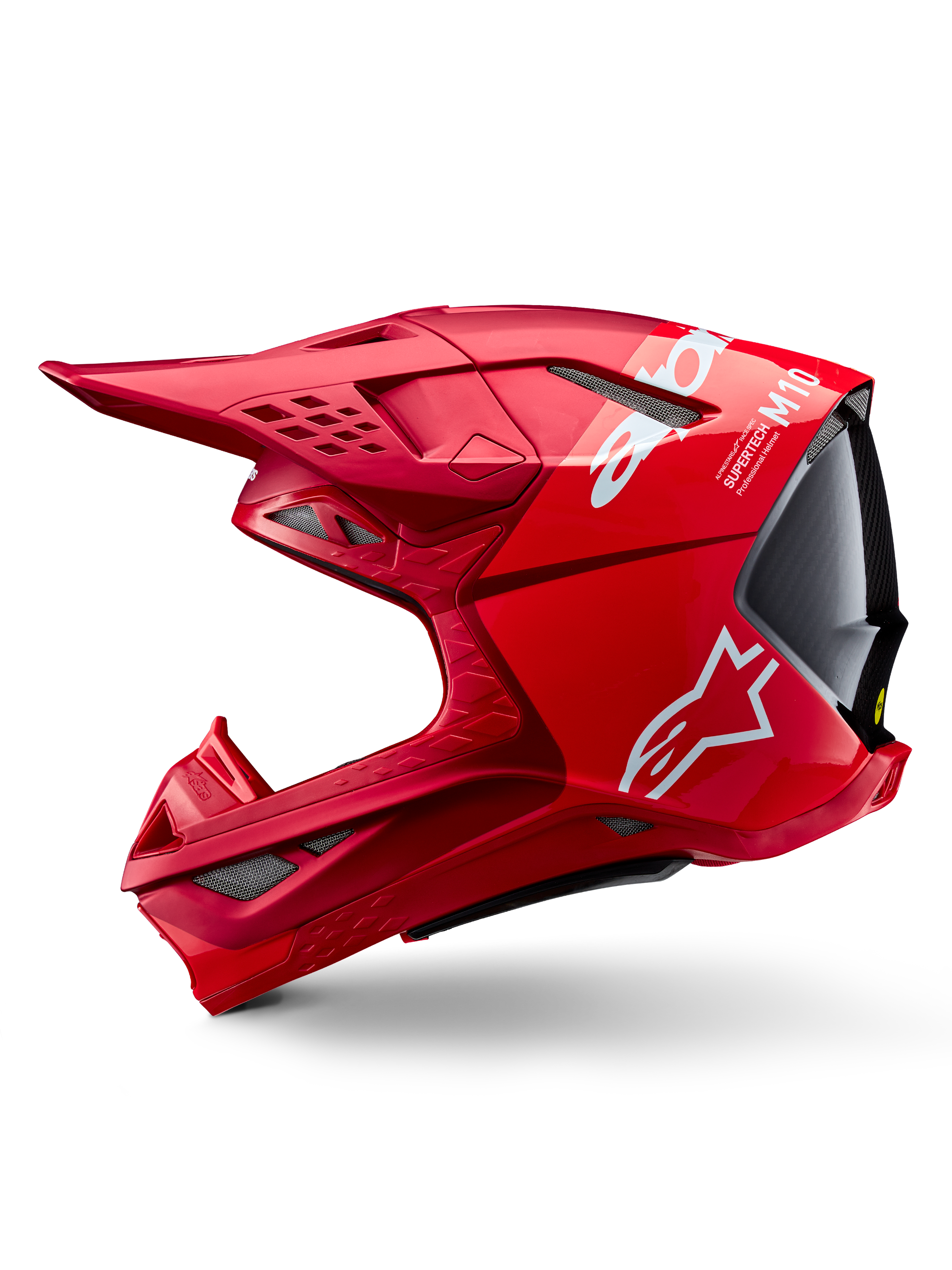 Alpinestars Supertech M10 Flood ECE 22.06 Helm, Motocross-Helm, Rot und Fluo-Rot mit mattem und glänzendem Finish, Seitenprofil-Ansicht mit aerodynamischem Schalendesign, mehreren Belüftungsöffnungen und weißem Alpinestars-Branding.