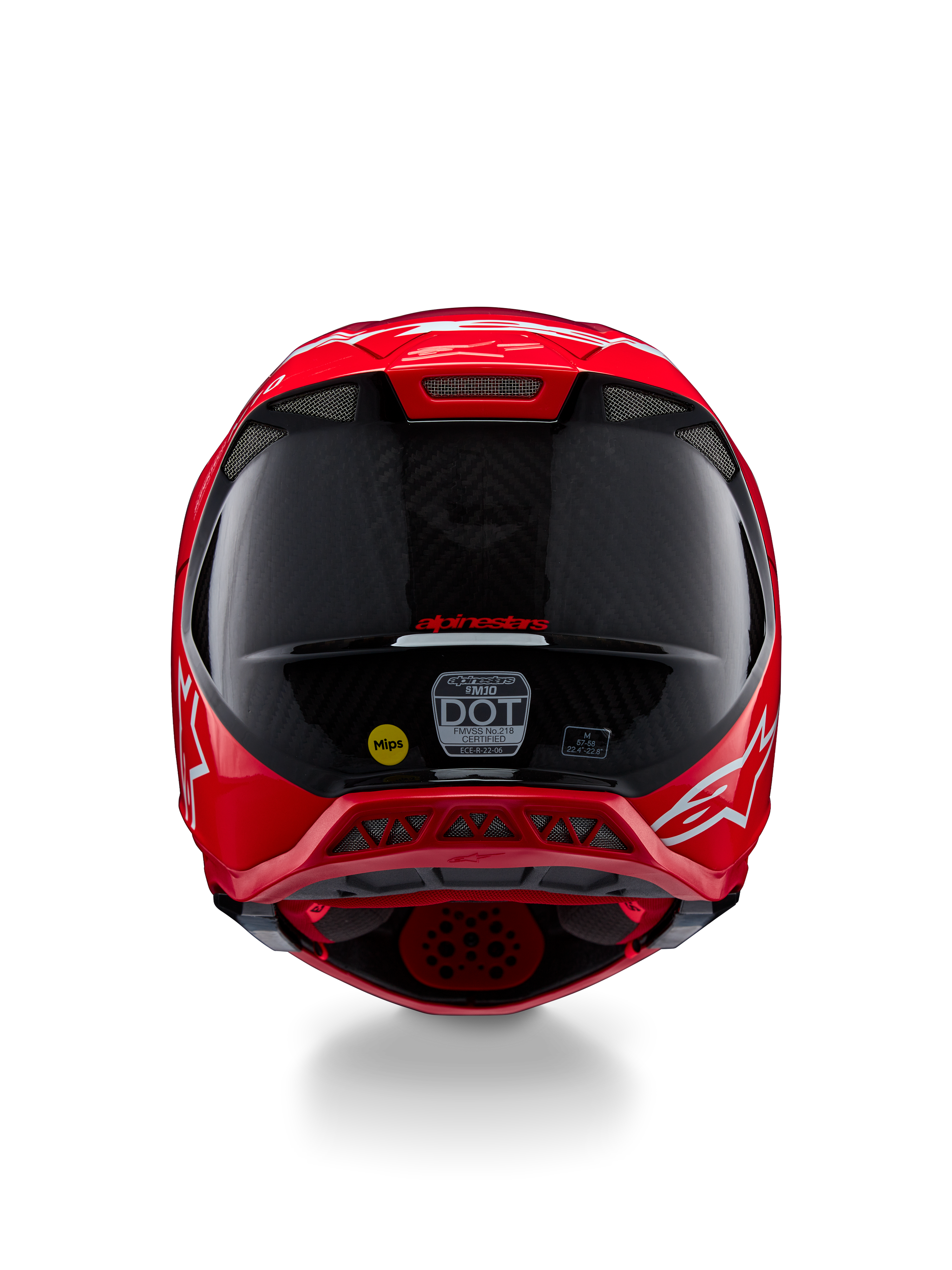 Alpinestars Supertech M10 Flood ECE 22.06 Helm, Rückansicht, Rot Fluo Rot Matt und Glänzend, Motocross-Helm mit sichtbarer Carbonfaser-Struktur, MIPS- und DOT-Zertifizierungsaufklebern und aerodynamischen Belüftungsöffnungen