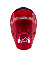 Alpinestars Supertech M10 Flood Helmet, Motocross Helmet, Red and Fluo Red with Matte and Glossy finish, top-down perspective showing bold Alpinestars branding and logo, advanced aerodynamic shell with integrated ventilation ports for off-road racing