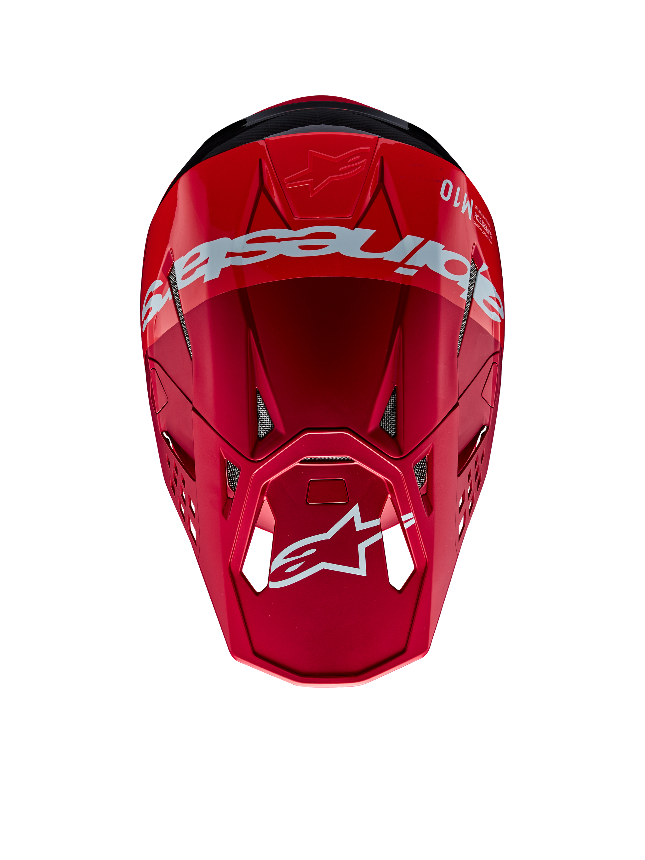 Alpinestars Supertech M10 Flood Helmet, Motocross Helmet, Red and Fluo Red with Matte and Glossy finish, top-down perspective showing bold Alpinestars branding and logo, advanced aerodynamic shell with integrated ventilation ports for off-road racing