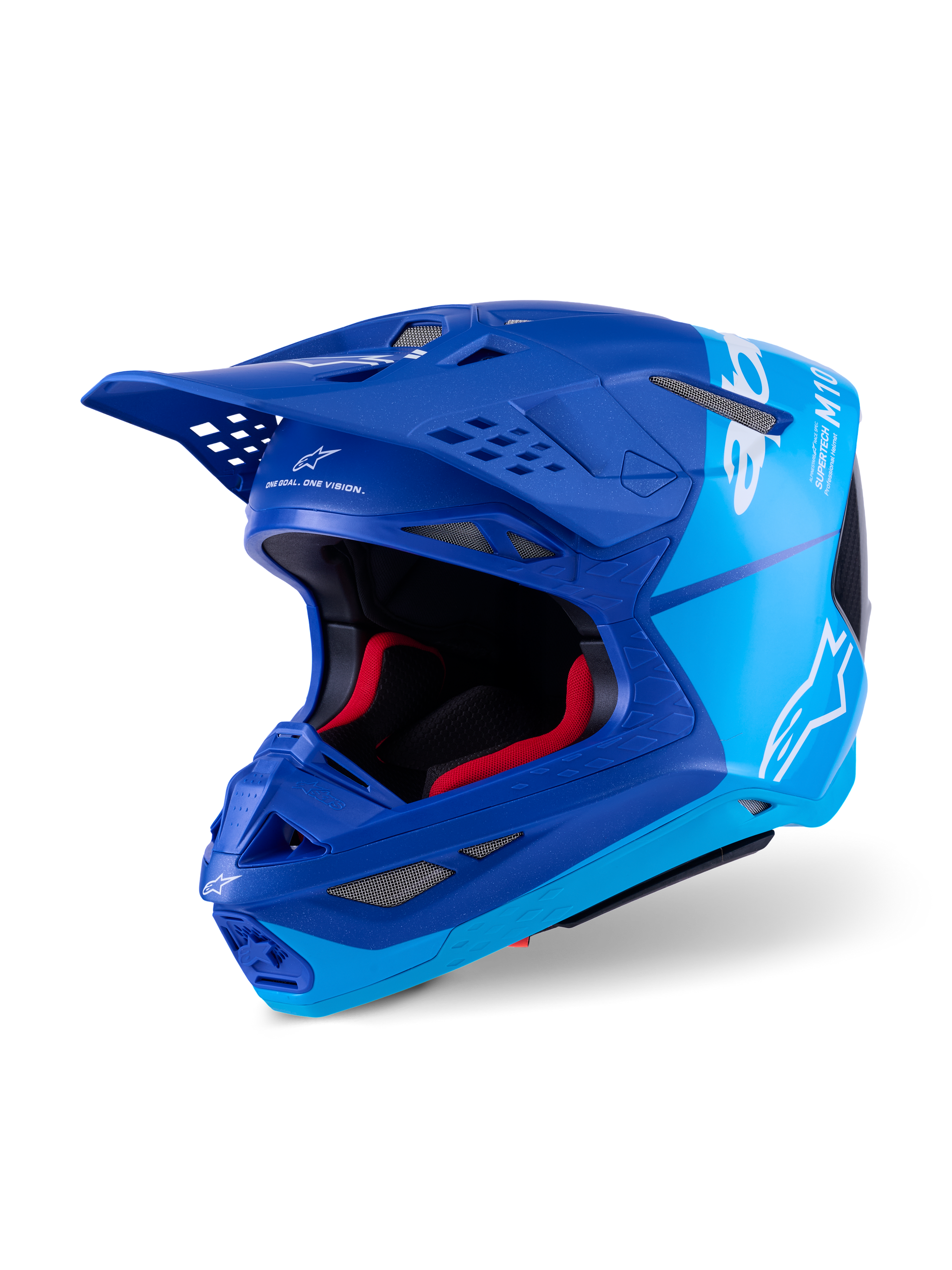 Alpinestars Supertech M10 Flood Helm, Motocross-Helm, Metallic-Blau und Mittelblau mit schwarzen Carbon-Akzenten, weiße Logos und M10-Branding, mehrere Belüftungsöffnungen und rote Innenpolsterung, entwickelt für professionelle Offroad-Performance.