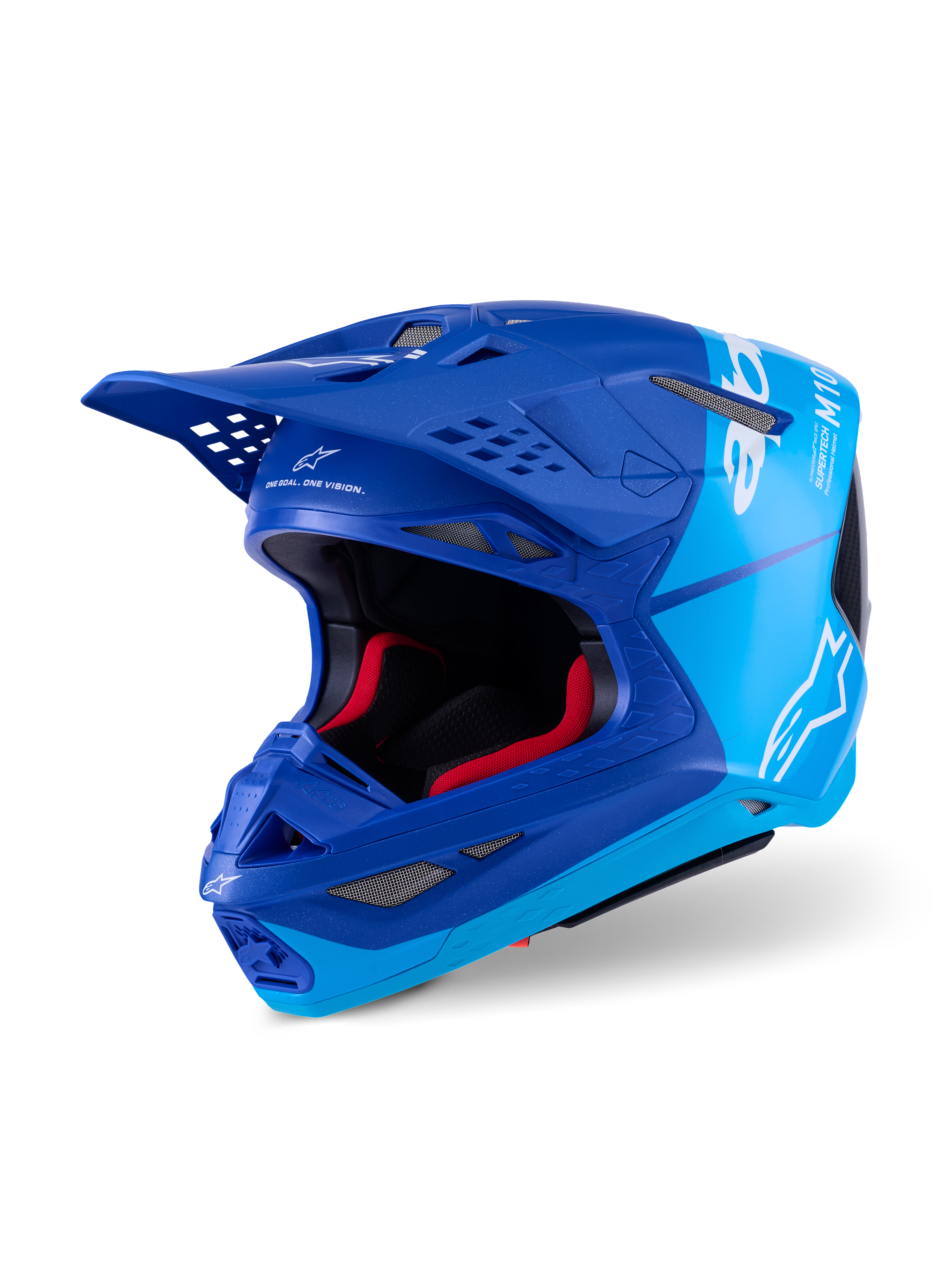 Alpinestars Supertech M10 Flood Helm, Motocross-Helm, Metallic-Blau und Mittelblau mit schwarzen Carbon-Akzenten, weiße Logos und M10-Branding, mehrere Belüftungsöffnungen und rote Innenpolsterung, entwickelt für professionelle Offroad-Performance.