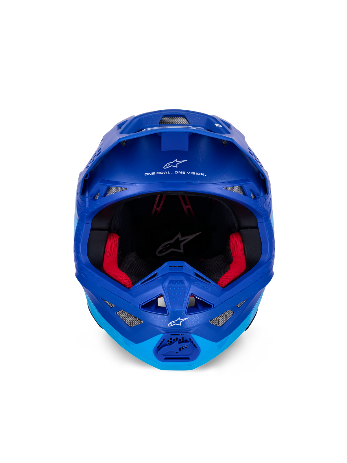 Alpinestars Supertech M10 Flood Helm ECE, Motocross-Helm, Metallic- und Mittelblau mit schwarzen Carbon-Akzenten, Vorderansicht mit Kinnbügel und Sichtfeld, weiße Alpinestars-Logos und Schriftzüge, rote Innenpolsterung, professioneller Offroad-Schutz