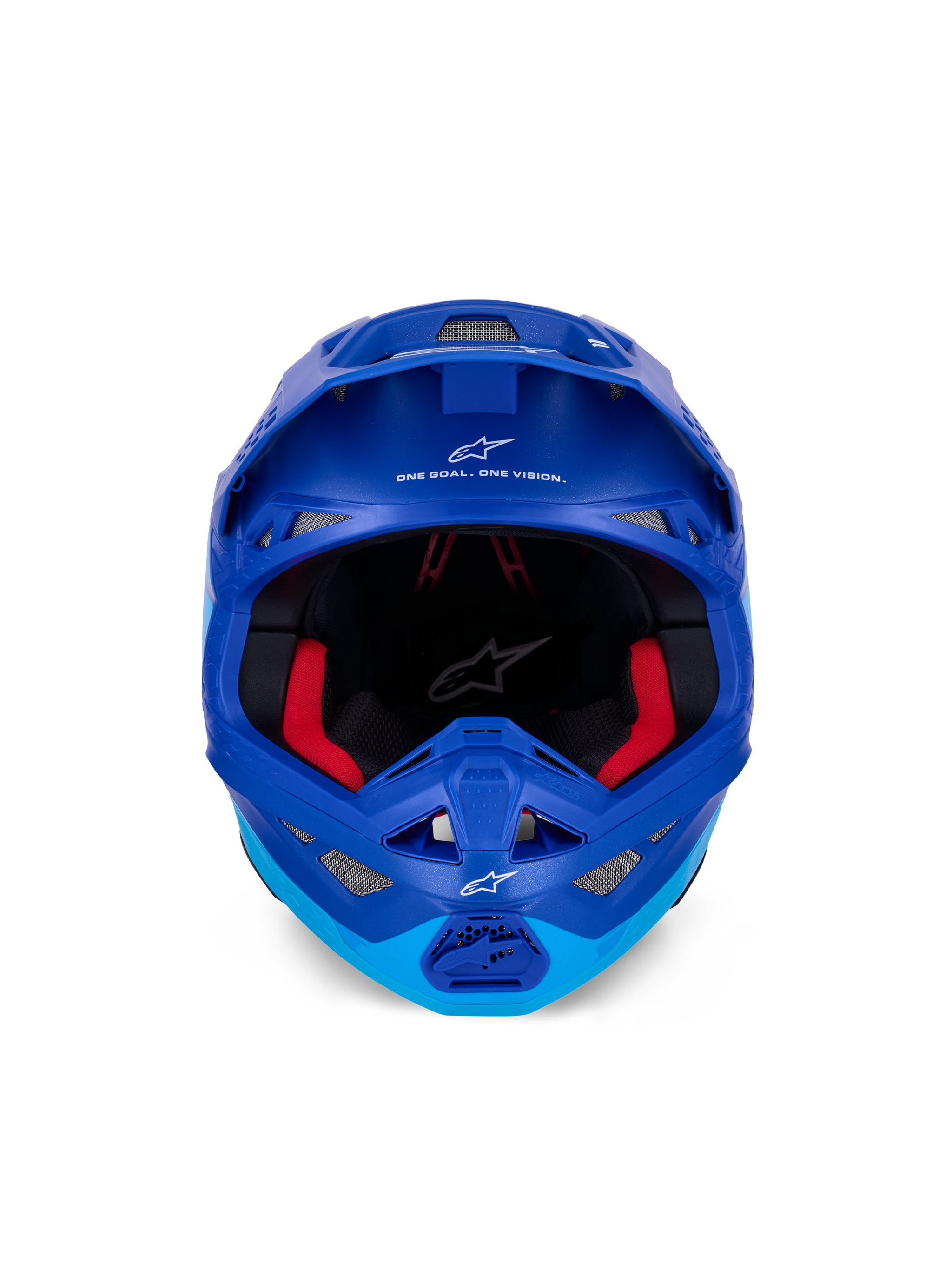 Alpinestars Supertech M10 Flood Helm ECE, Motocross-Helm, Metallic- und Mittelblau mit schwarzen Carbon-Akzenten, Vorderansicht mit Kinnbügel und Sichtfeld, weiße Alpinestars-Logos und Schriftzüge, rote Innenpolsterung, professioneller Offroad-Schutz