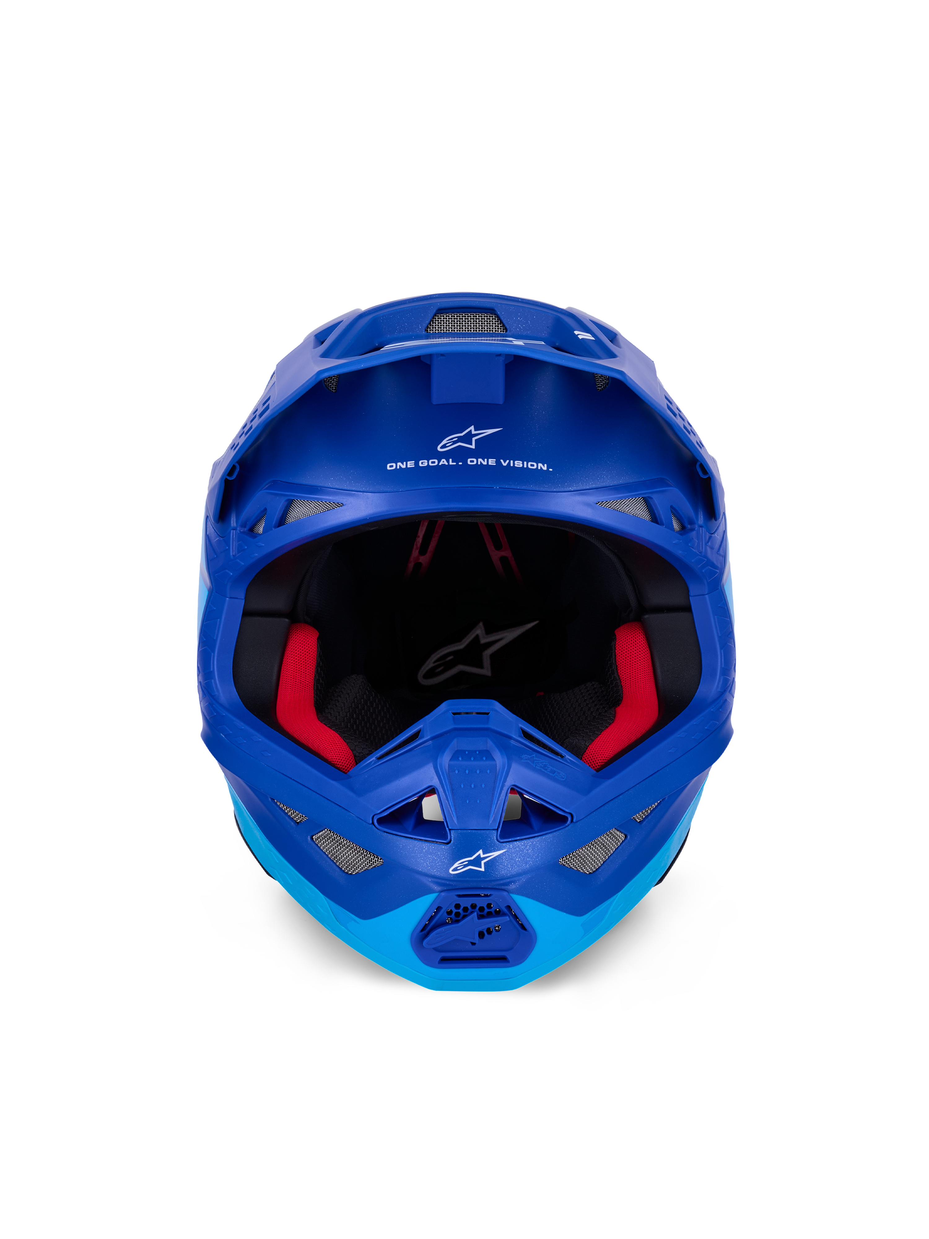 Alpinestars Supertech M10 Flood Helm ECE, Motocross-Helm, Metallic- und Mittelblau mit schwarzen Carbon-Akzenten, Vorderansicht mit Kinnbügel und Sichtfeld, weiße Alpinestars-Logos und Schriftzüge, rote Innenpolsterung, professioneller Offroad-Schutz