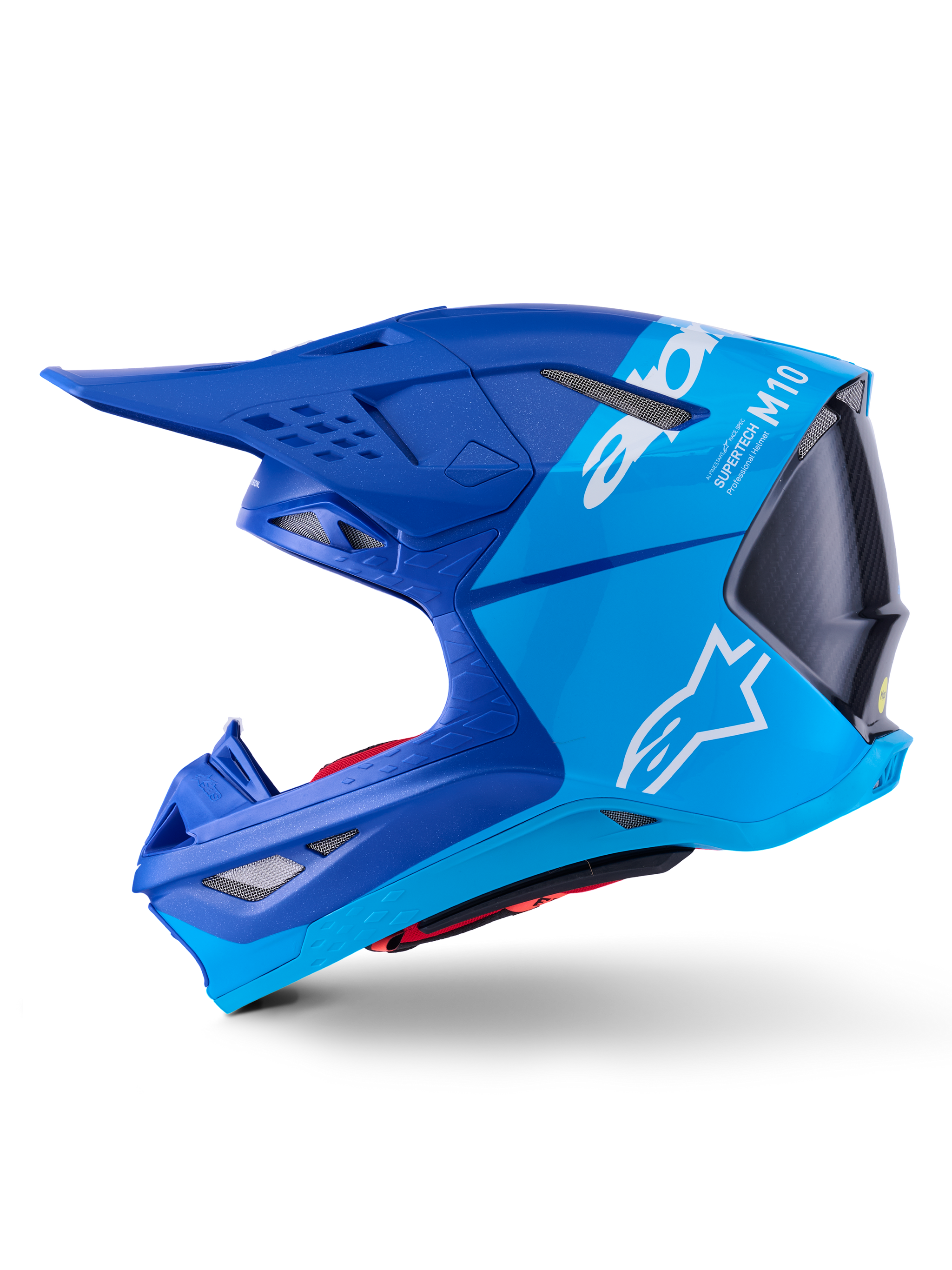 Alpinestars Supertech M10 Flood Helm, Motocross-Helm, Metallic- und Mittelblau mit Black Carbon, Seitenansicht mit matten und glänzenden Oberflächen, weißes Alpinestars-Logo und Supertech M10 Branding, fortschrittlicher Kopfschutz für den Offroad-Rennsport