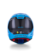 Alpinestars Supertech M10 Flood Helm, Motocross-Helm, Metallic-Blau und Mittelblau mit schwarzem Carbon, Rückansicht mit 3K-Carbon-Struktur, weißen Stern-Logos, MIPS-Sticker und Entlüftungsöffnungen