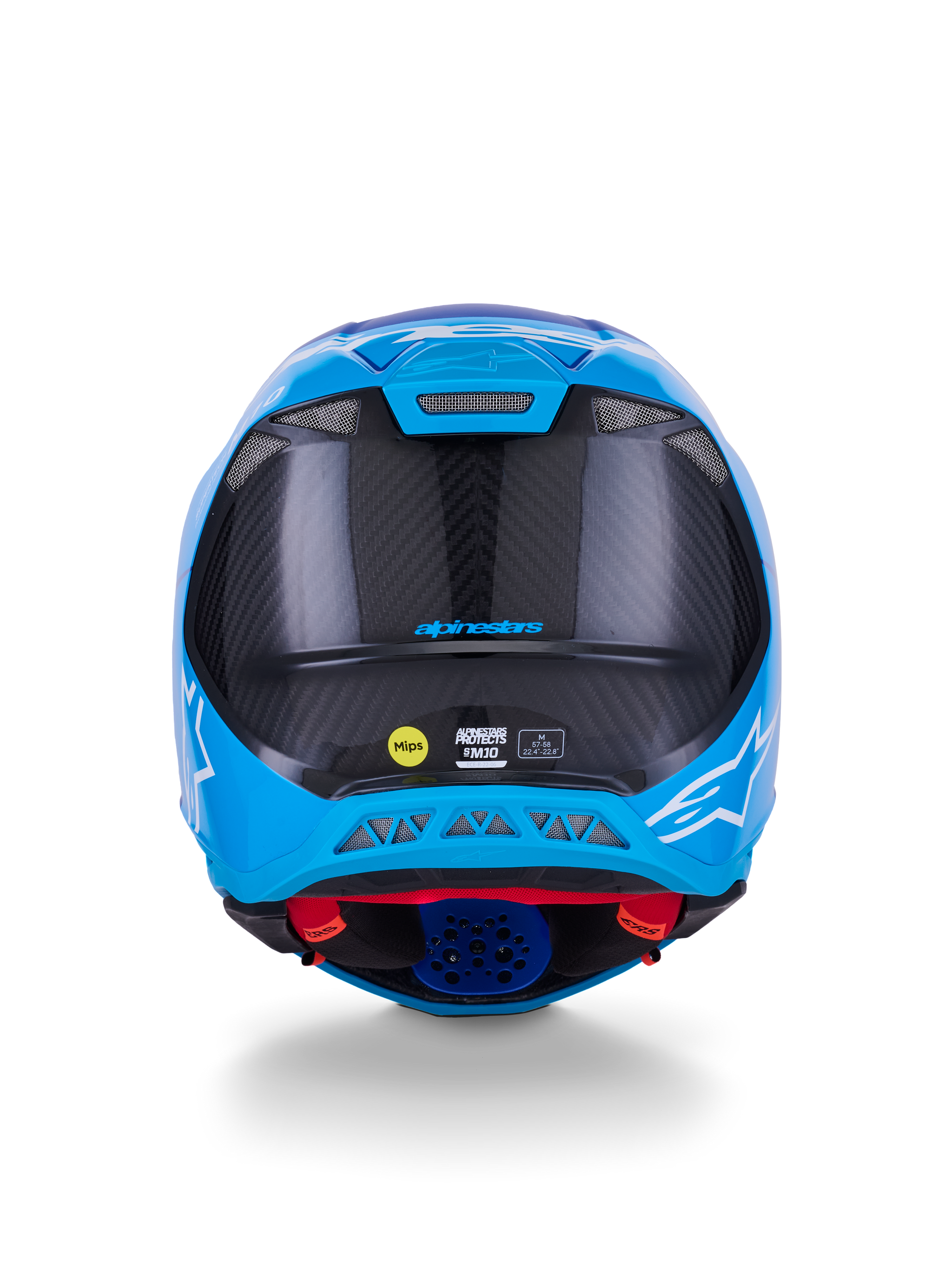 Alpinestars Supertech M10 Flood Helm, Motocross-Helm, Metallic-Blau und Mittelblau mit schwarzem Carbon, Rückansicht mit 3K-Carbon-Struktur, weißen Stern-Logos, MIPS-Sticker und Entlüftungsöffnungen