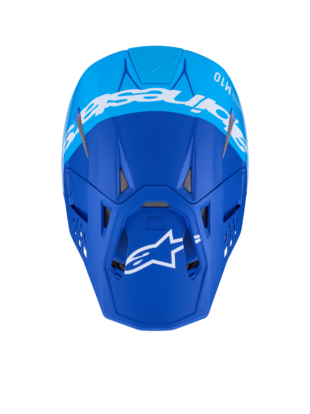 Alpinestars Supertech M10 Flood Helm, Motocross-Helm, Dunkelblau und Hellblau, Draufsicht mit weißem Alpinestars-Branding und Belüftungsöffnungen, professioneller Offroad-Rennhelm mit mattem Finish