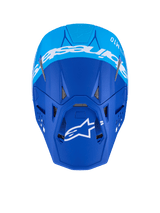 Alpinestars Supertech M10 Flood Helm, Motocross-Helm, Dunkelblau und Hellblau, Draufsicht mit weißem Alpinestars-Branding und Belüftungsöffnungen, professioneller Offroad-Rennhelm mit mattem Finish