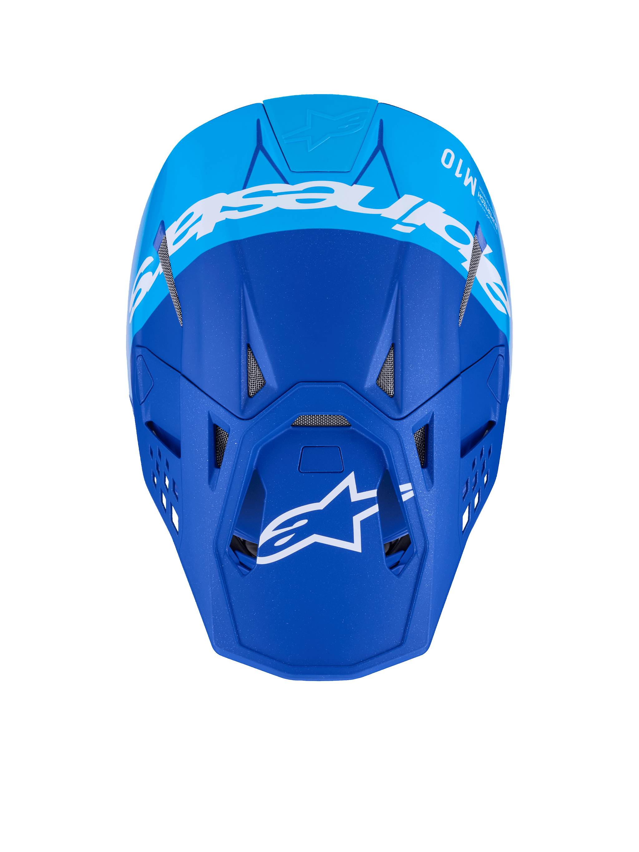 Alpinestars Supertech M10 Flood Helm, Motocross-Helm, Dunkelblau und Hellblau, Draufsicht mit weißem Alpinestars-Branding und Belüftungsöffnungen, professioneller Offroad-Rennhelm mit mattem Finish