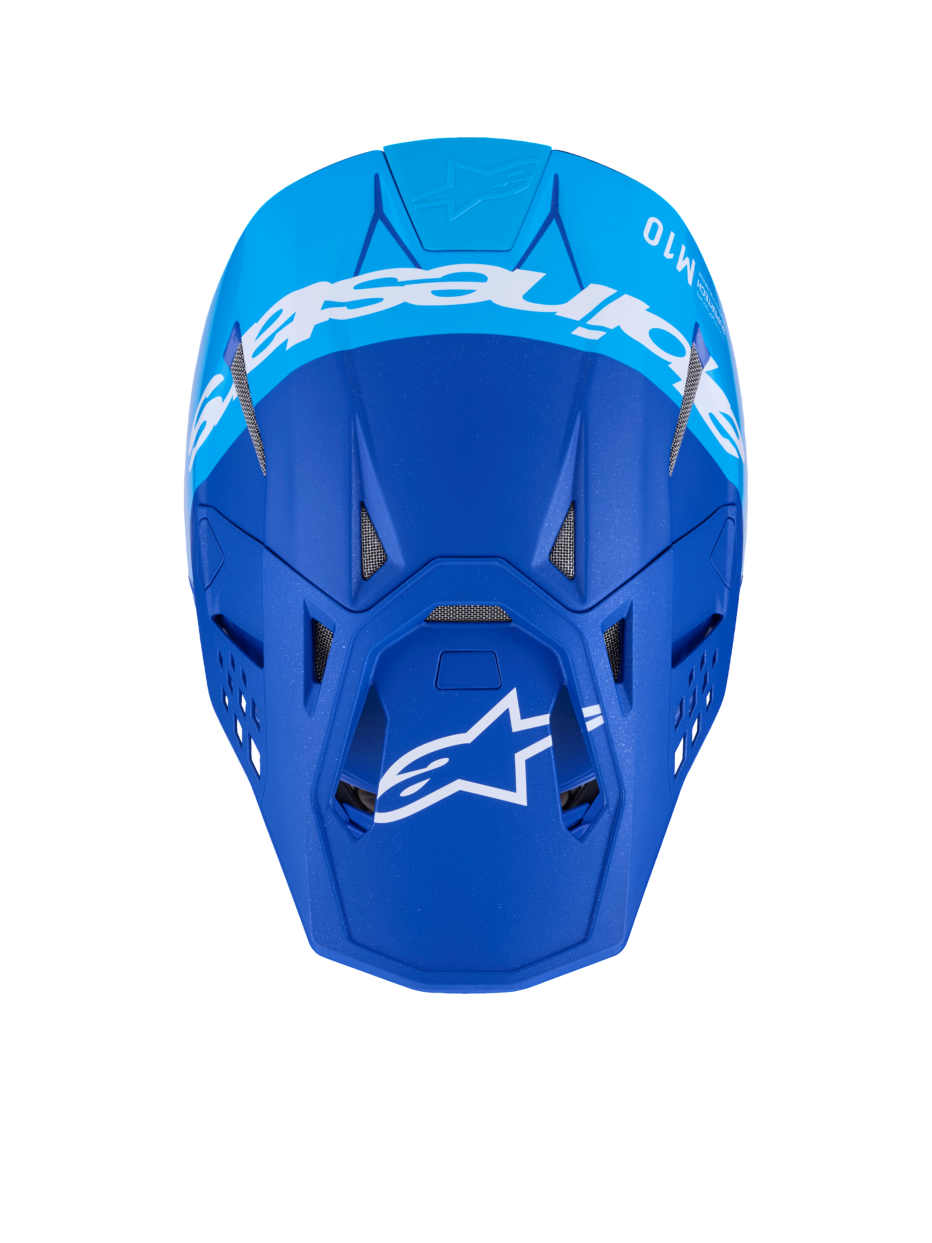 Alpinestars Supertech M10 Flood Helm, Motocross-Helm, Dunkelblau und Hellblau, Draufsicht mit weißem Alpinestars-Branding und Belüftungsöffnungen, professioneller Offroad-Rennhelm mit mattem Finish
