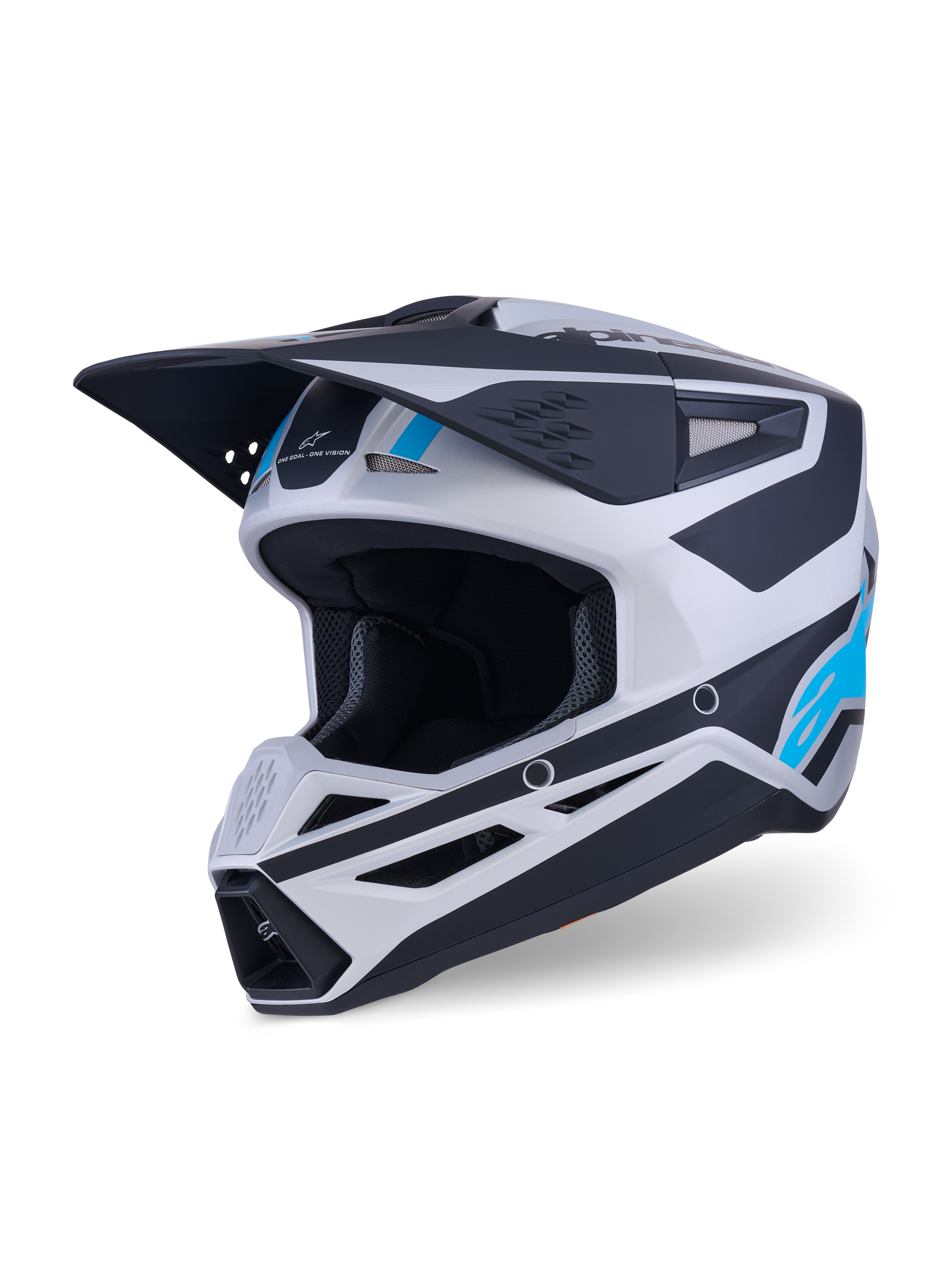 Alpinestars S-M3 Heat Helm, Motocross-Helm, Silber, Blau und Schwarz Matt, mit aerodynamischem Visier, mehreren Belüftungsöffnungen und markanten grafischen Akzenten, Offroad-Motorradschutzausrüstung