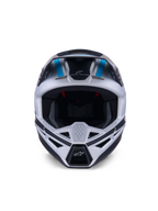 Alpinestars S-M3 Heat Helm, Motocross-Helm, Silber-Blau und Schwarz Matt, Vorderansicht mit Fokus auf das Belüftungssystem, das große Sichtfeld und die Mesh-Innenpolsterung, mit dem Marken-Slogan 'ONE GOAL ONE VISION' auf der Stirn.