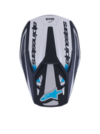 Alpinestars S-M3 Heat Helm, Motocross-Helm, Draufsicht, Silber, Blau und Schwarz matt, Alpinestars-Schriftzug an den Seiten, blaues Astar-Logo auf dem Visier, aerodynamisches Schalendesign mit mattem Finish.